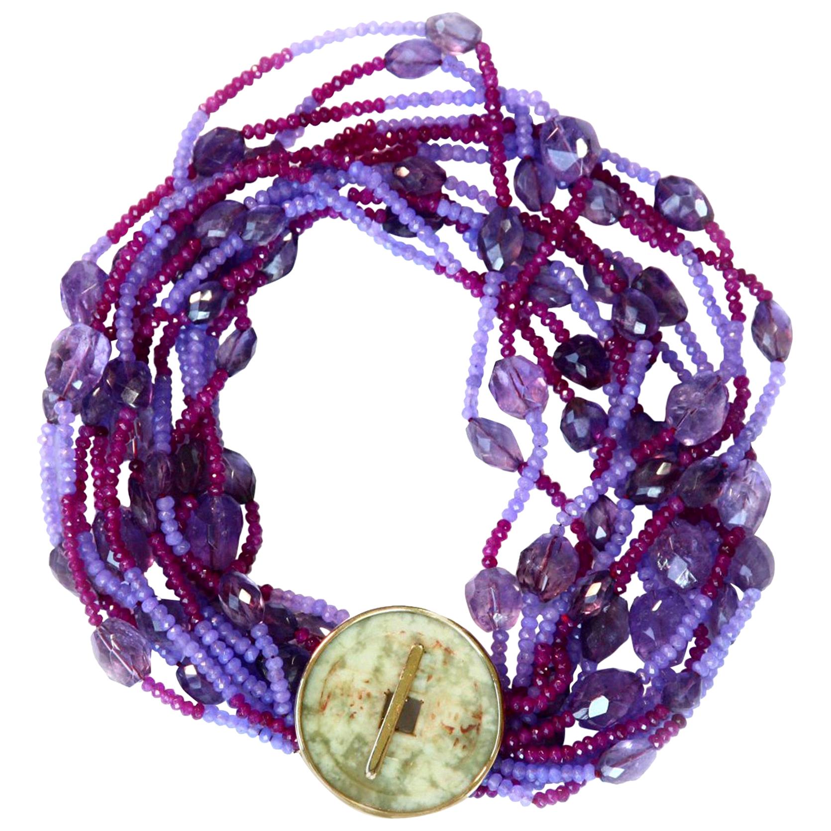 Necklace with Antiques Jade Amethyst Rubelite Lavender Jade 18 Karat Gold For Sale