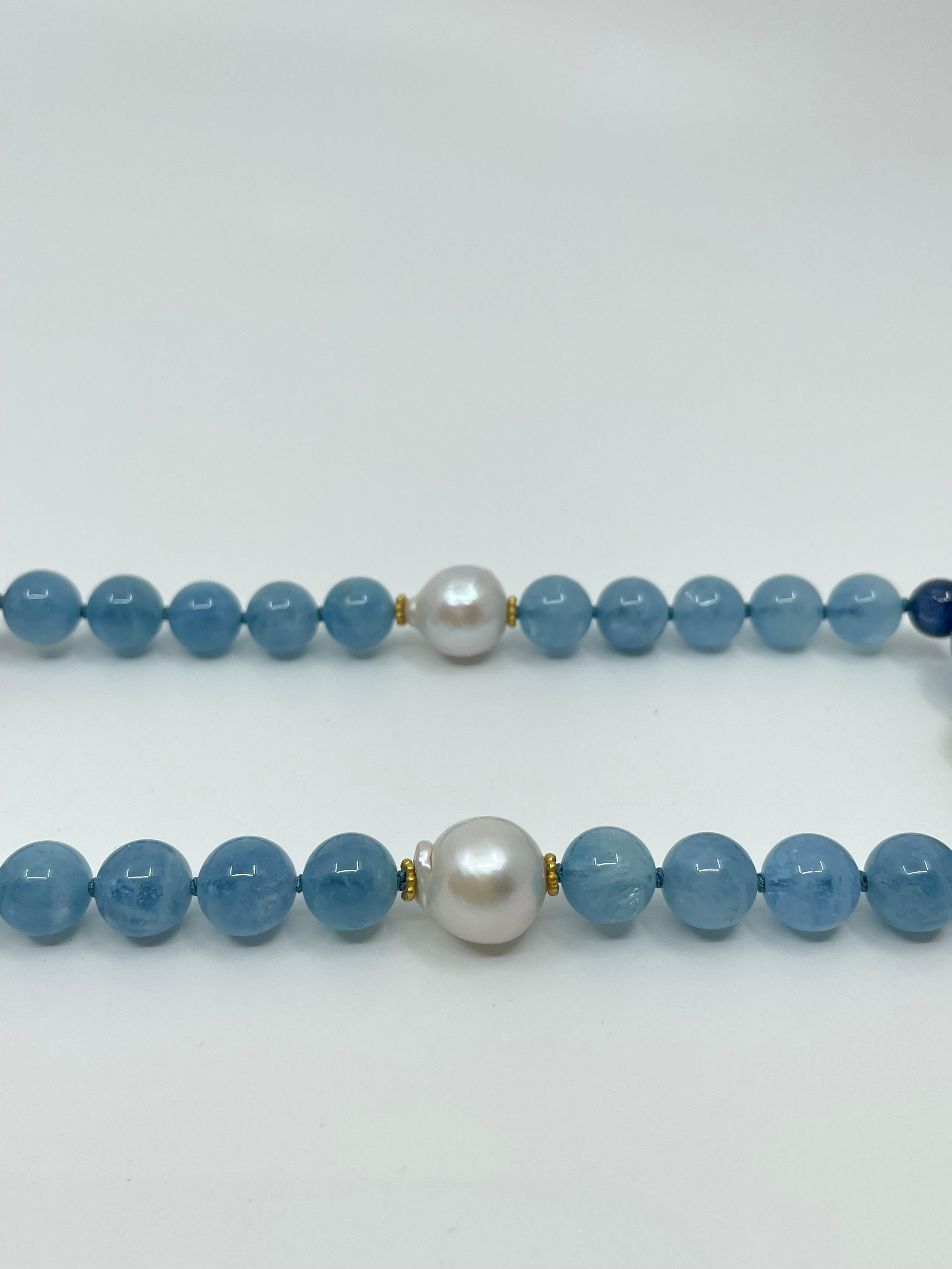 Necklace with Aquamarine, Kyanite, South Sea Pearls, Gold & 18K Gold For Sale 6
