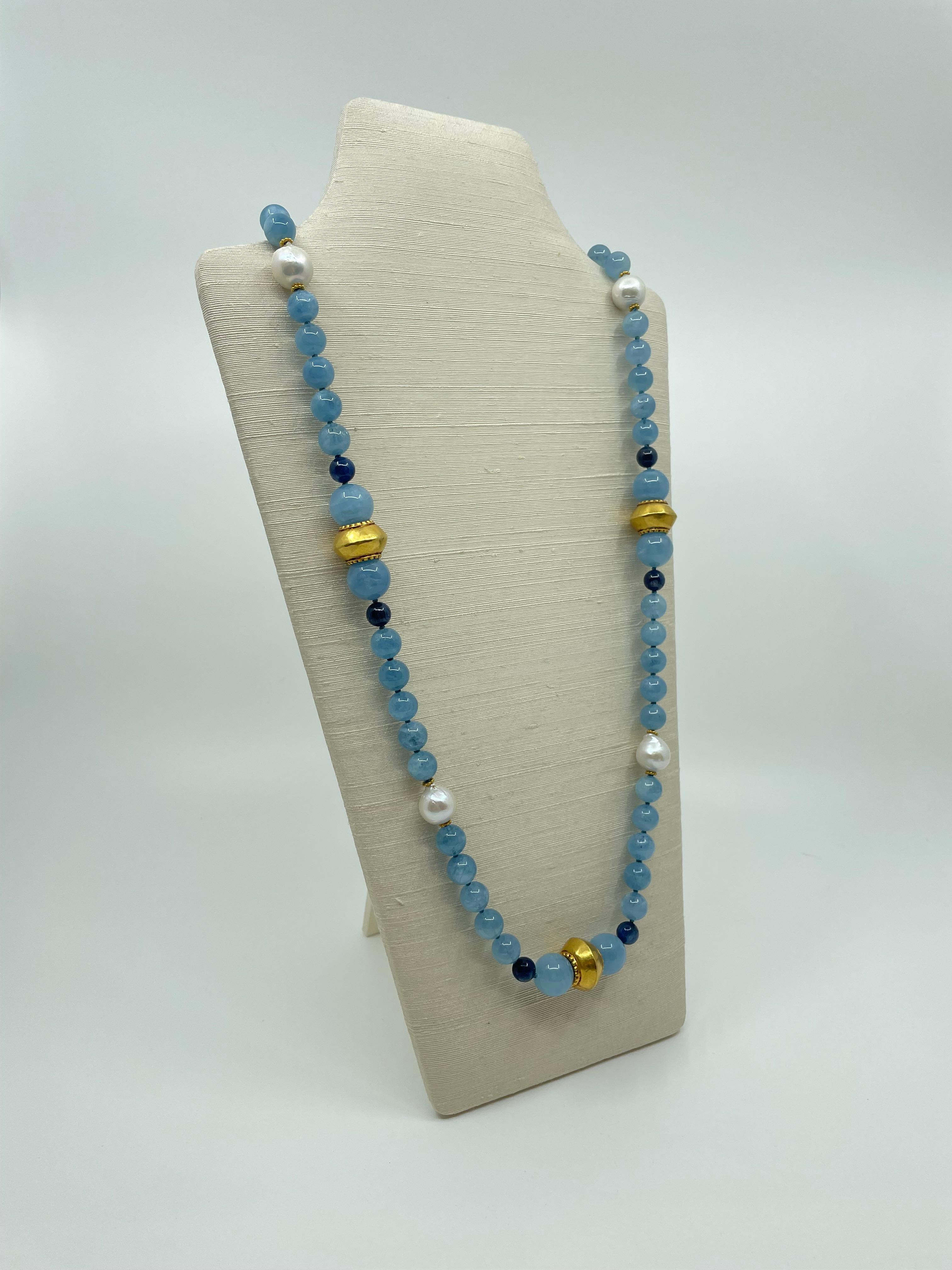Bead Necklace with Aquamarine, Kyanite, South Sea Pearls, Gold & 18K Gold For Sale