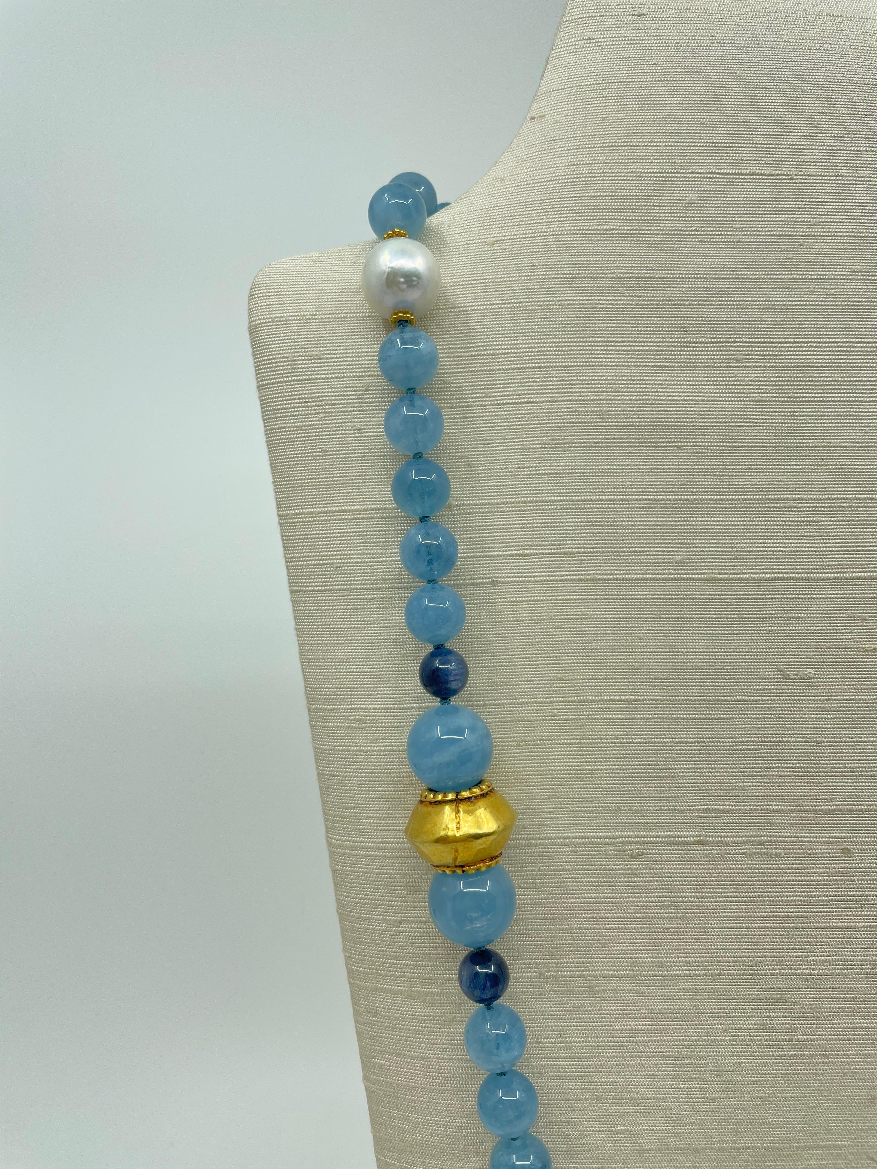 Women's or Men's Necklace with Aquamarine, Kyanite, South Sea Pearls, Gold & 18K Gold For Sale