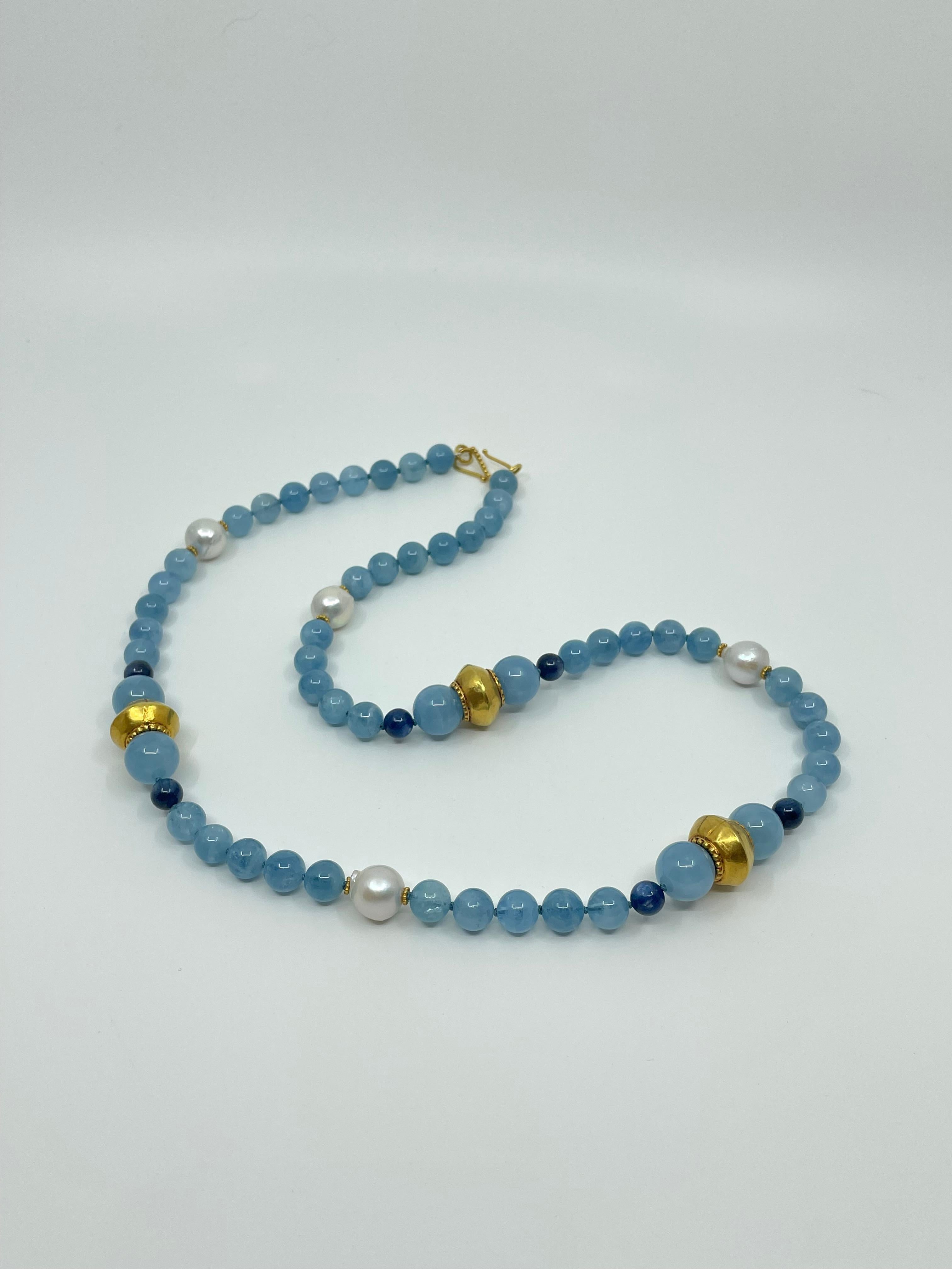 Necklace with Aquamarine, Kyanite, South Sea Pearls, Gold & 18K Gold For Sale 2