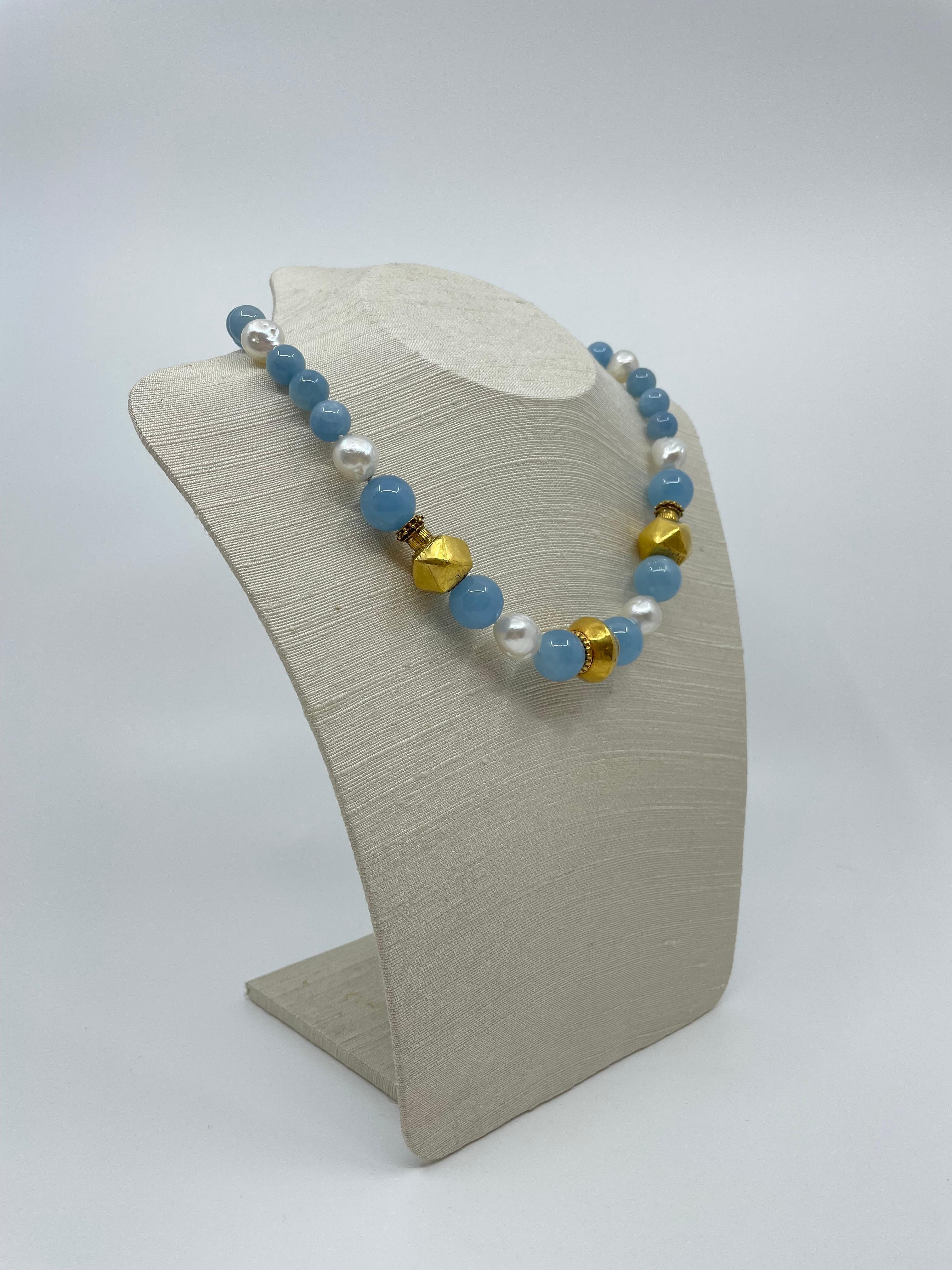 Women's or Men's Necklace with Aquamarine, South Sea Pearls, Gold & 18K Solid Gold Beads For Sale