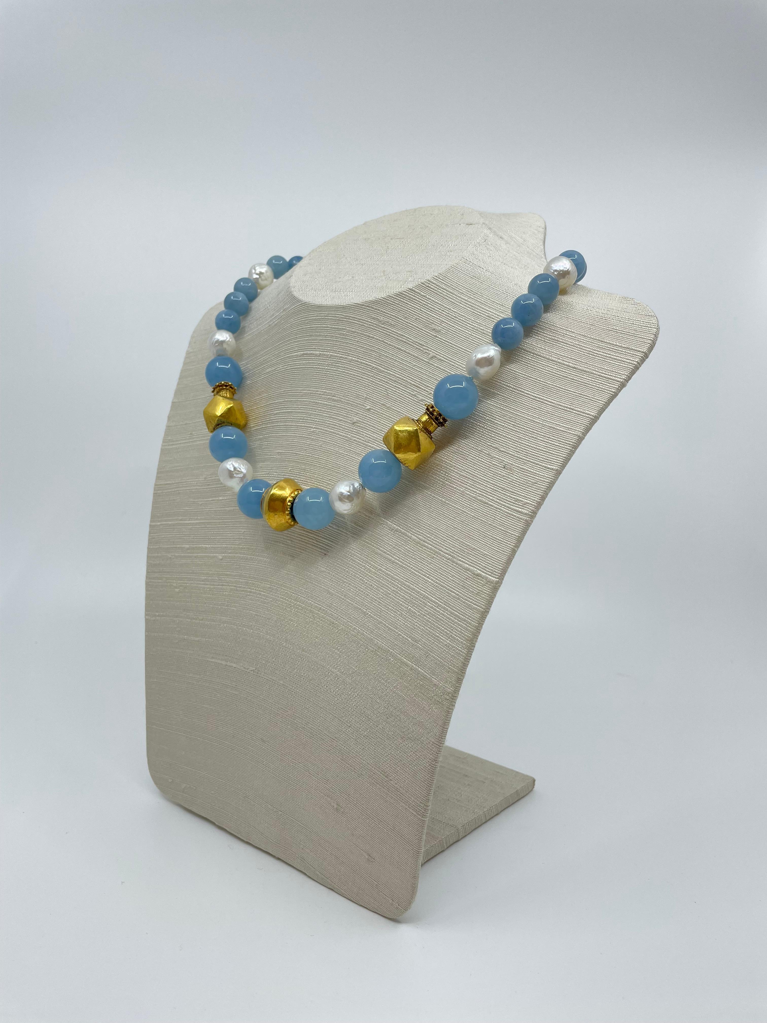 Necklace with Aquamarine, South Sea Pearls, Gold & 18K Solid Gold Beads For Sale 1