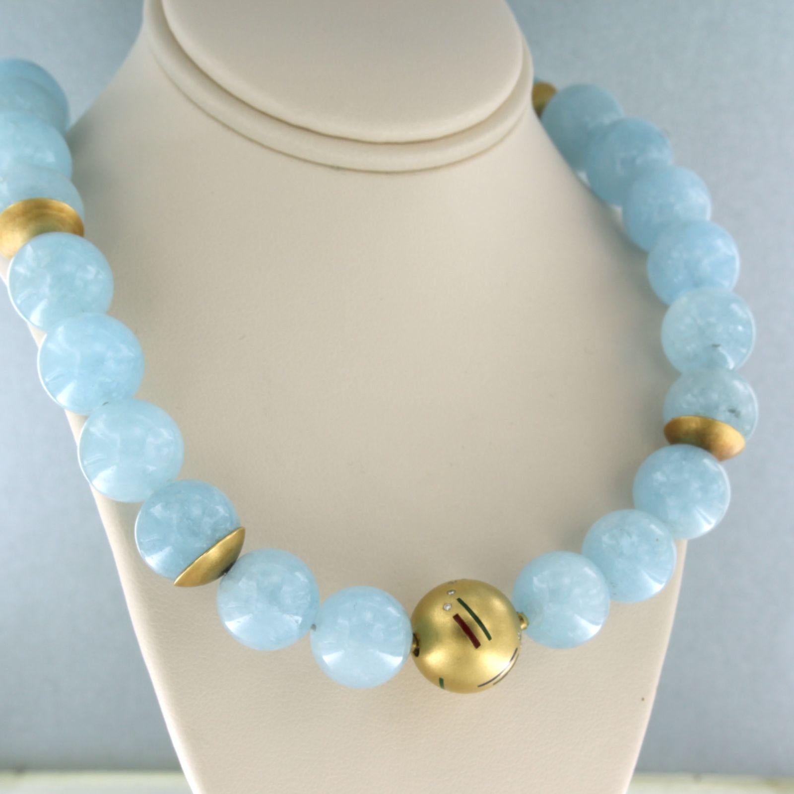 Modern Necklace with aquamarine with enamel and diamonds 18k yellow gold