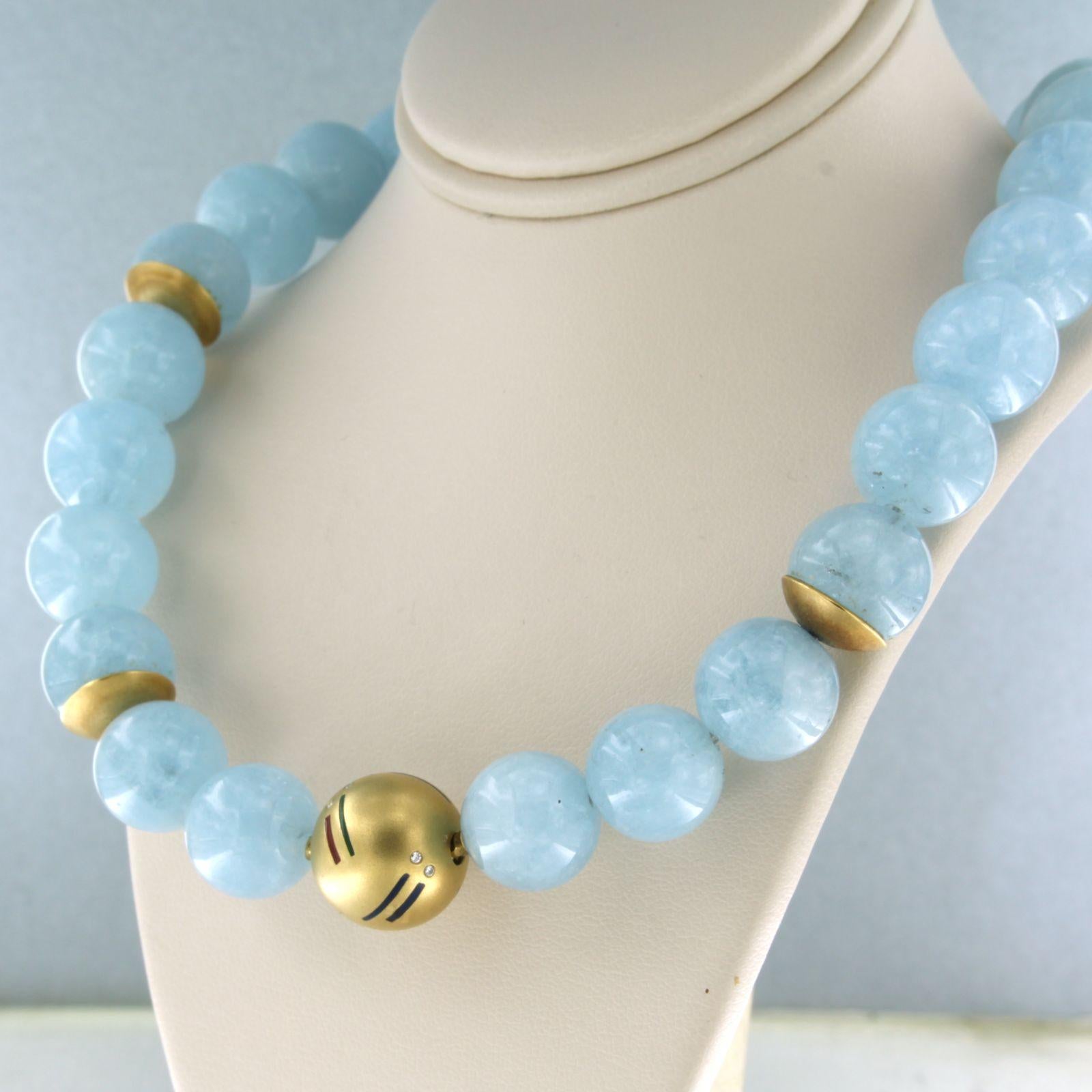 Bead Necklace with aquamarine with enamel and diamonds 18k yellow gold