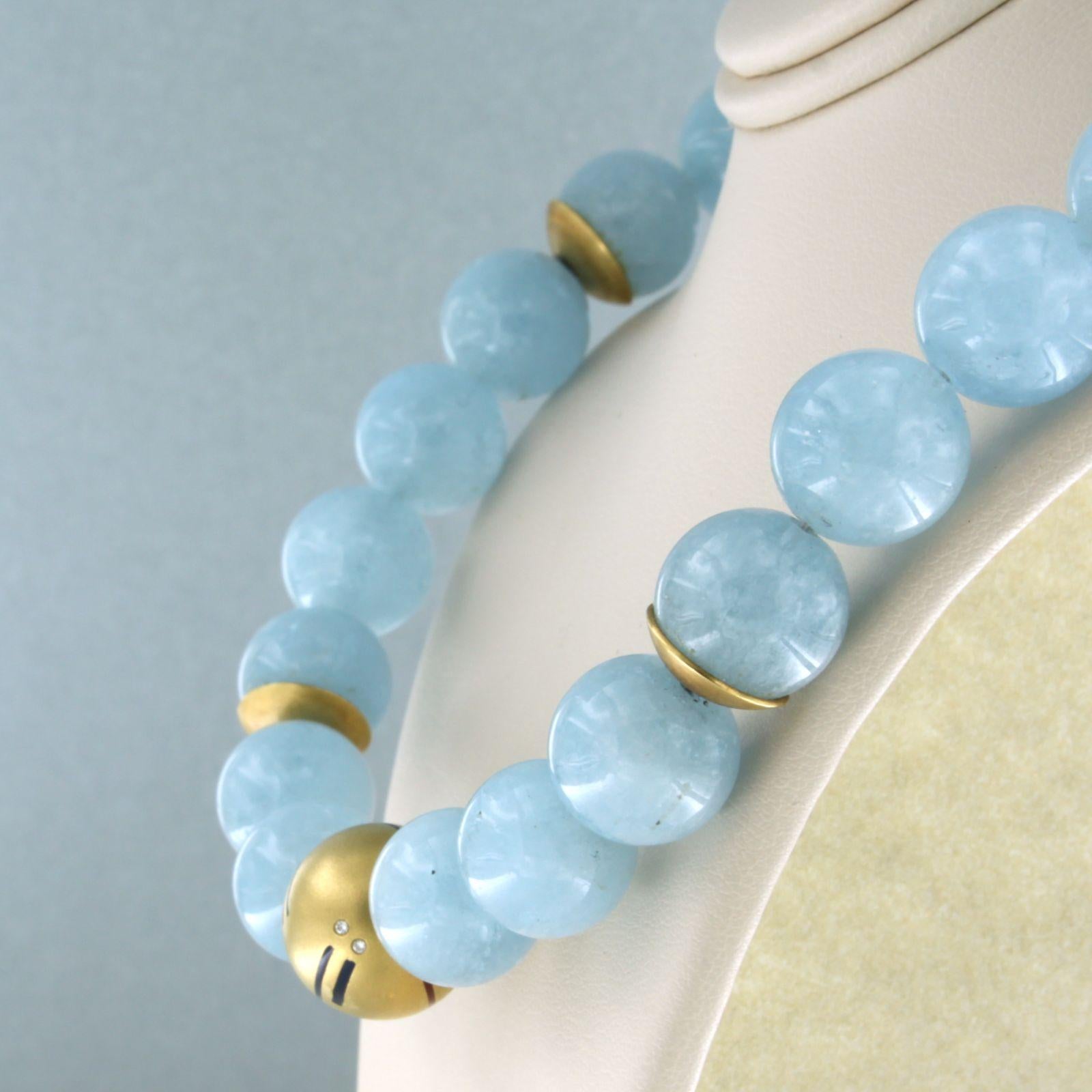 Women's Necklace with aquamarine with enamel and diamonds 18k yellow gold