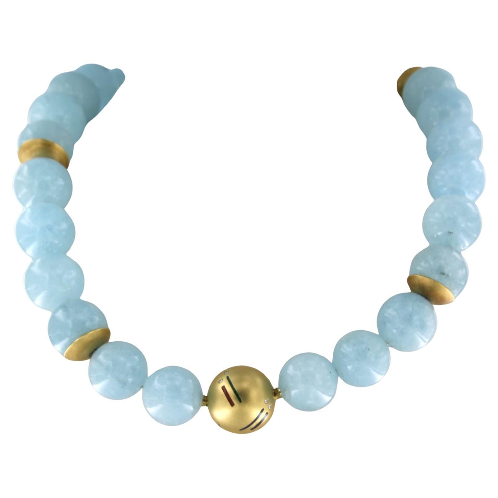 Necklace with aquamarine with enamel and diamonds 18k yellow gold