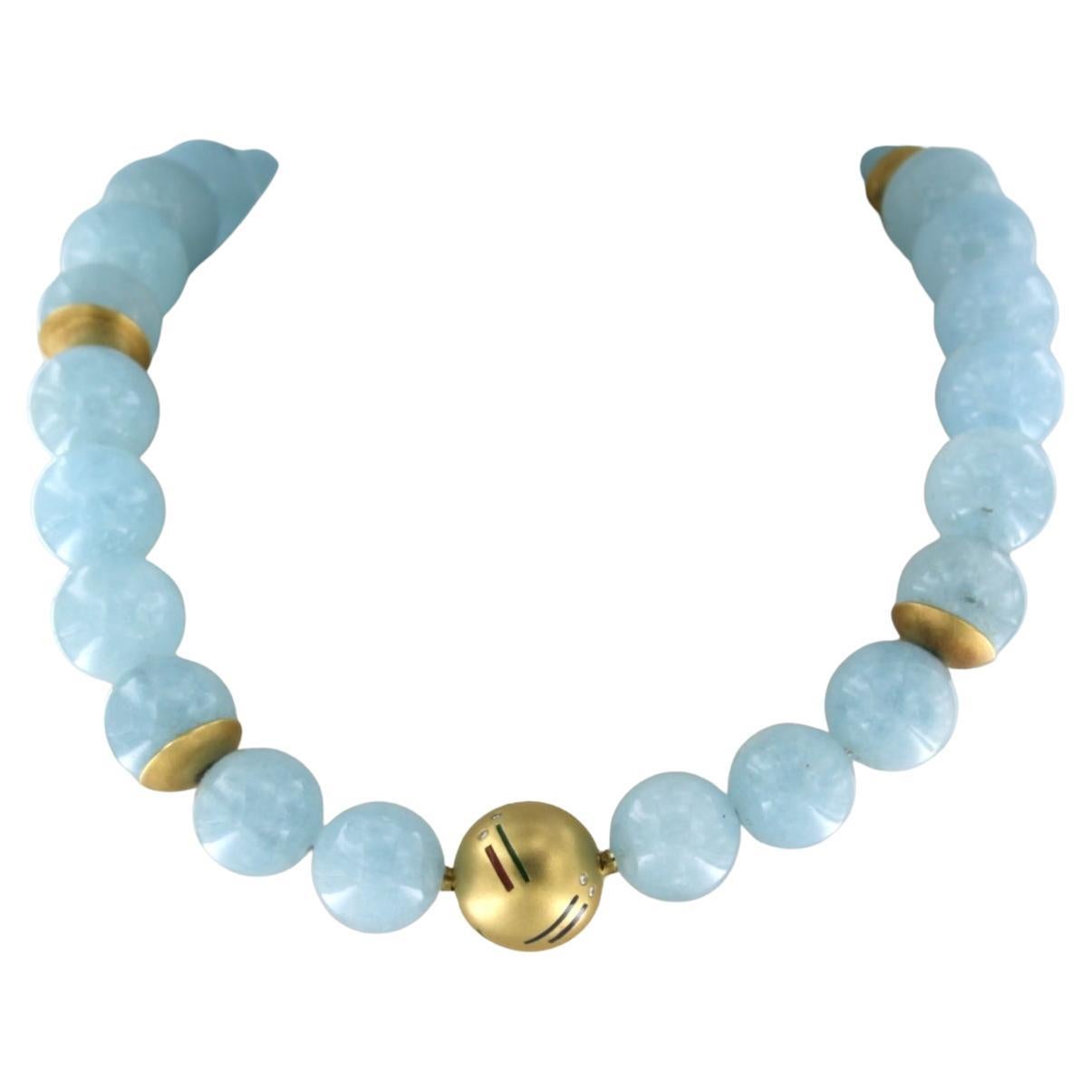 Necklace with aquamarine with enamel and diamonds 18k yellow gold