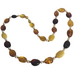 Retro Necklace with Baltic Amber & 18 Karat Gold Beads & Freshwater Pearls