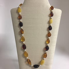 Necklace with Baltic Amber & 18 Karat Gold Beads & Freshwater Pearls