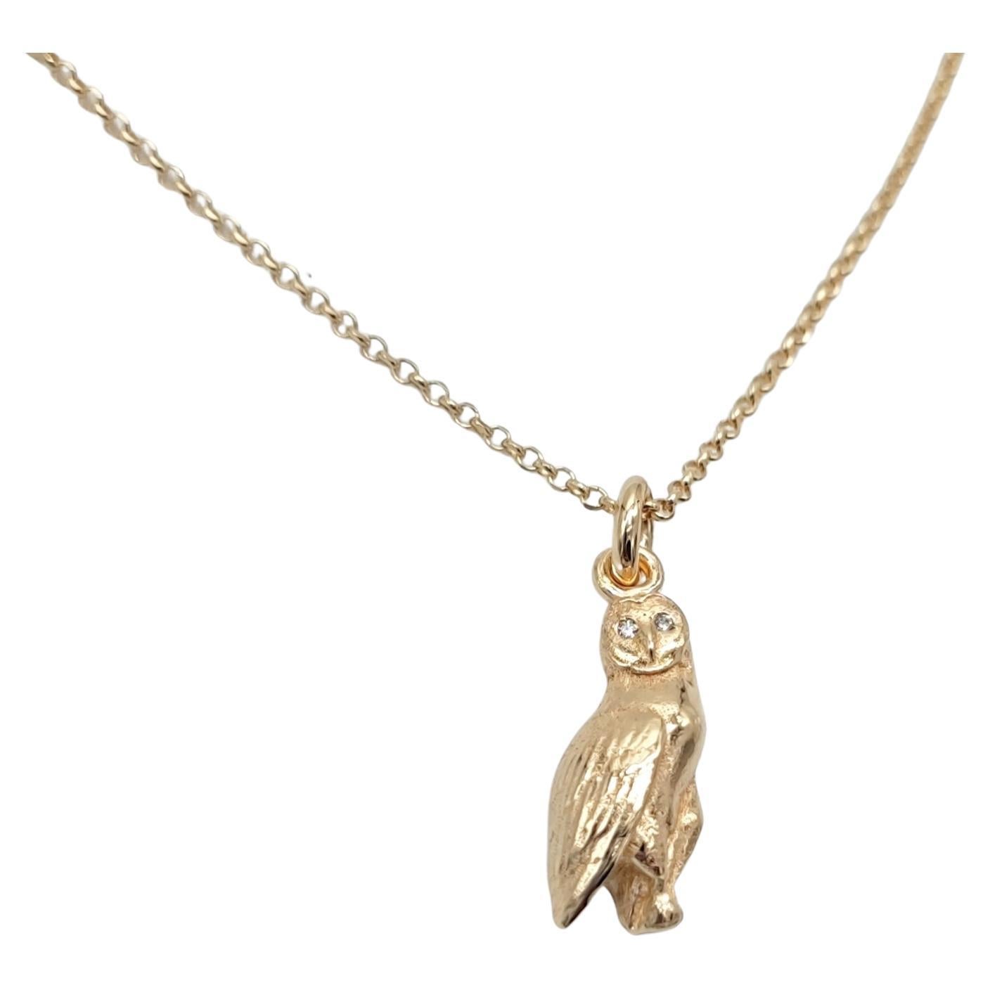 Necklace with Barn Owl Pendants in 14 Karat Solid Gold and Diamonds For Sale