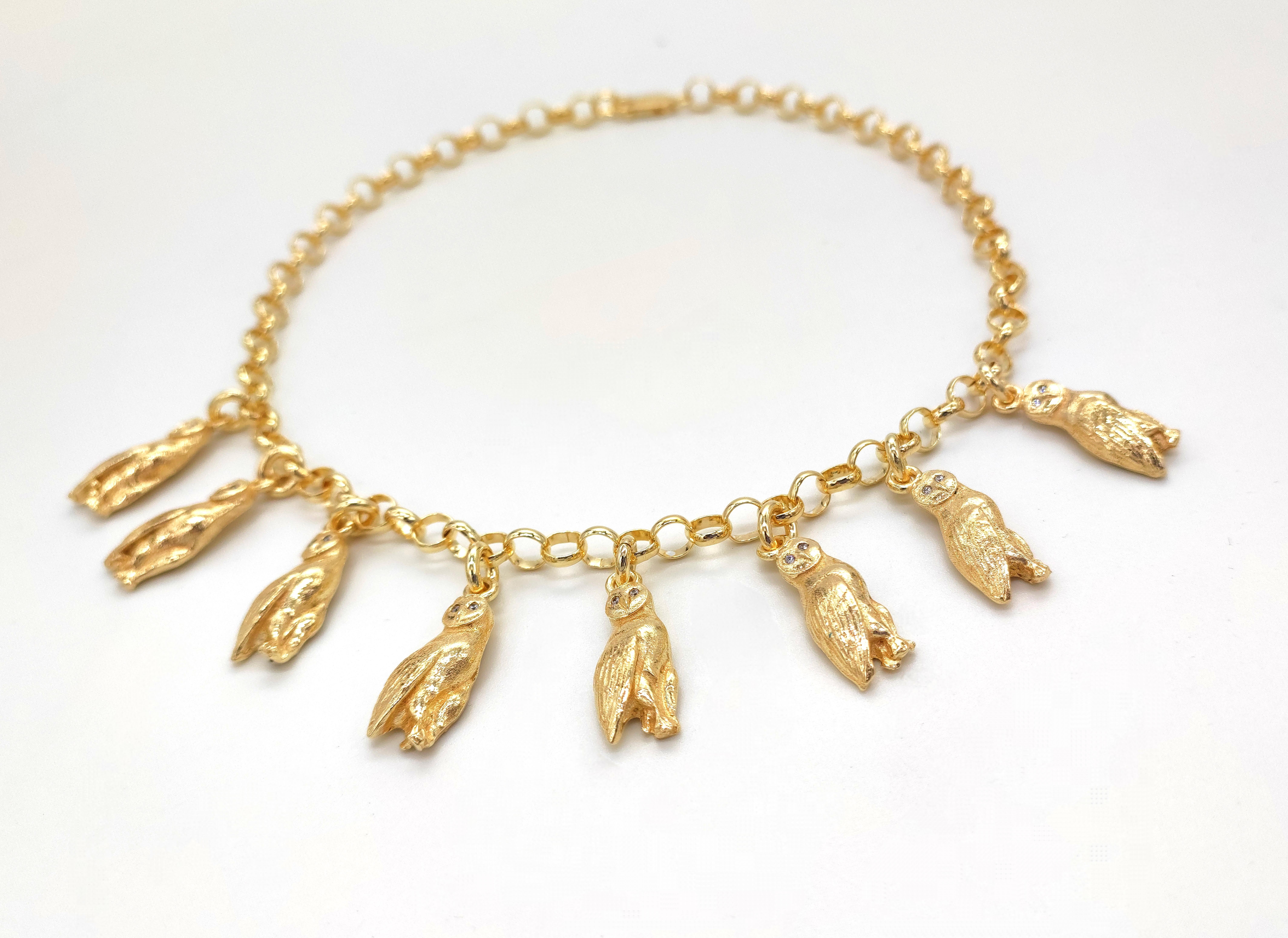 Animalia Series
Important 14 kt solid yellow gold choker necklace.
Necklace created entirely by hand by Italian artisans. 
The technique is that of lost-wax microsculpture. The Barn Owl's eyes are set with diamonds totaling 16 stones.
The necklace