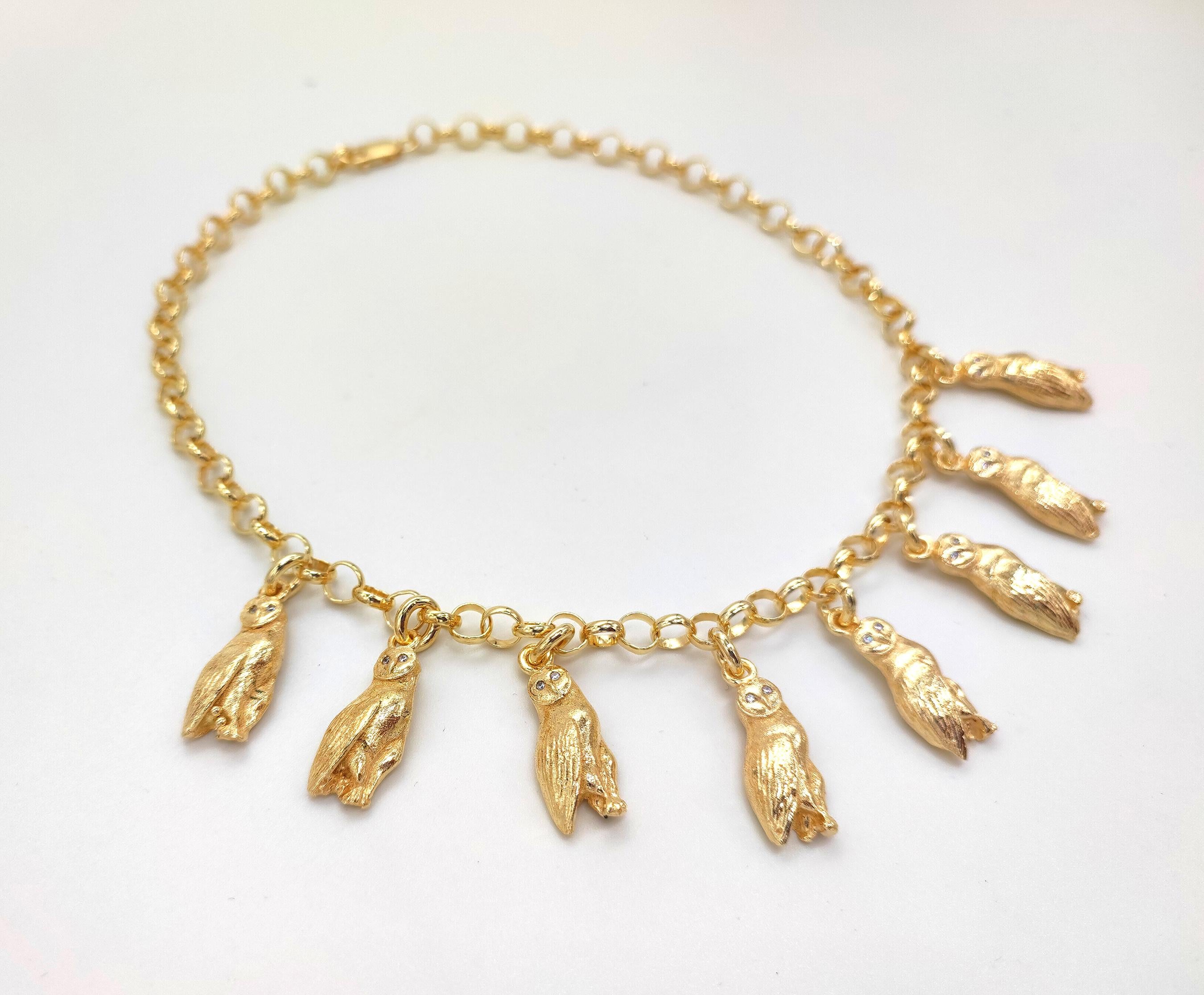 Necklace with Barn Owl Pendants in 14 Karat Solid Gold and Diamonds In New Condition For Sale In Roma, RM