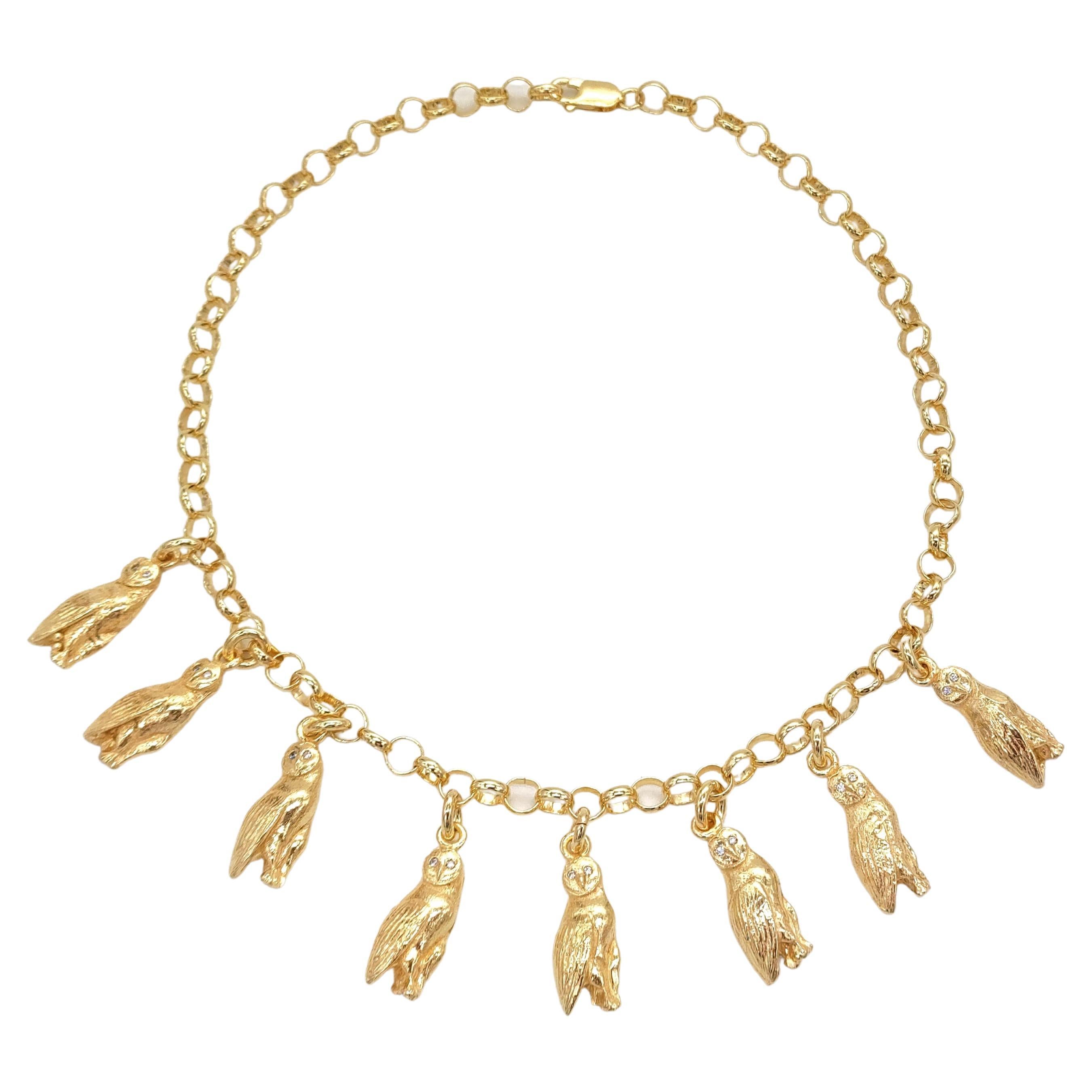 Halskette mit Barn Owl-Anhängern aus 14 Karat massivem Gold und Diamanten