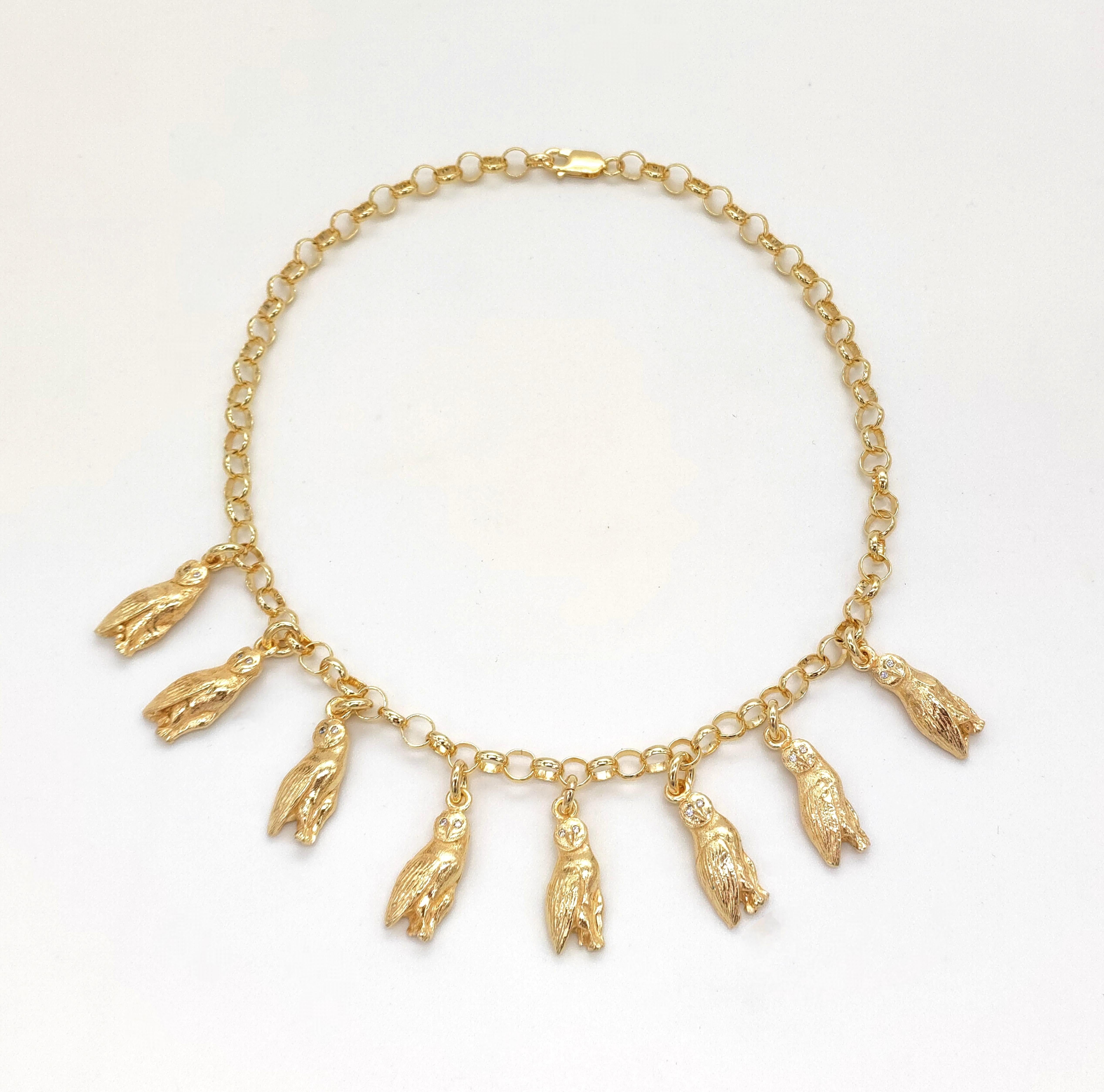 Taglio brillante Collana con ciondoli a forma di barbagianni  placcatura oro 18kt e Diamanti in vendita