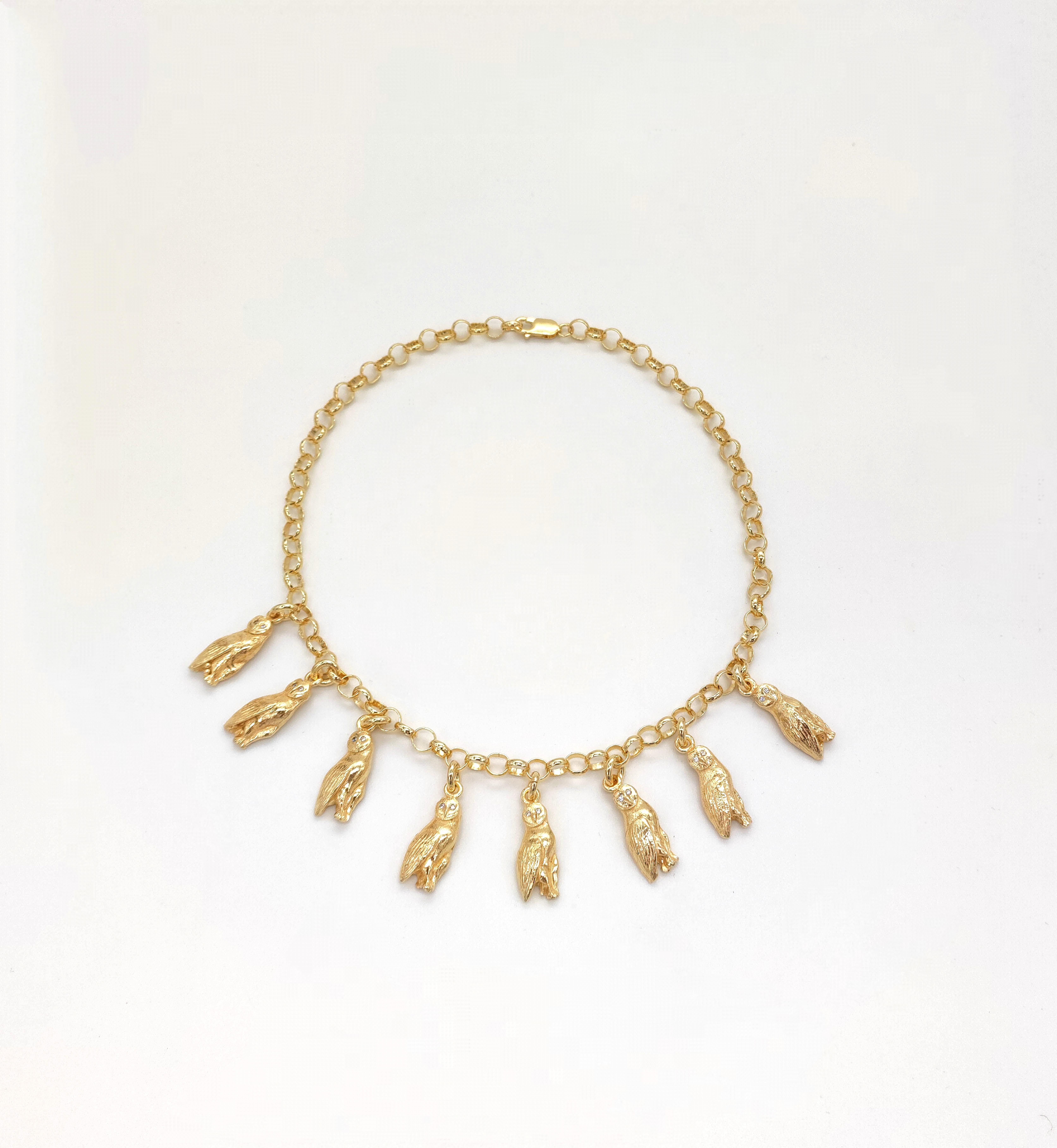 Collana con ciondoli a forma di barbagianni  placcatura oro 18kt e Diamanti In condizioni Nuovo in vendita a Roma, RM