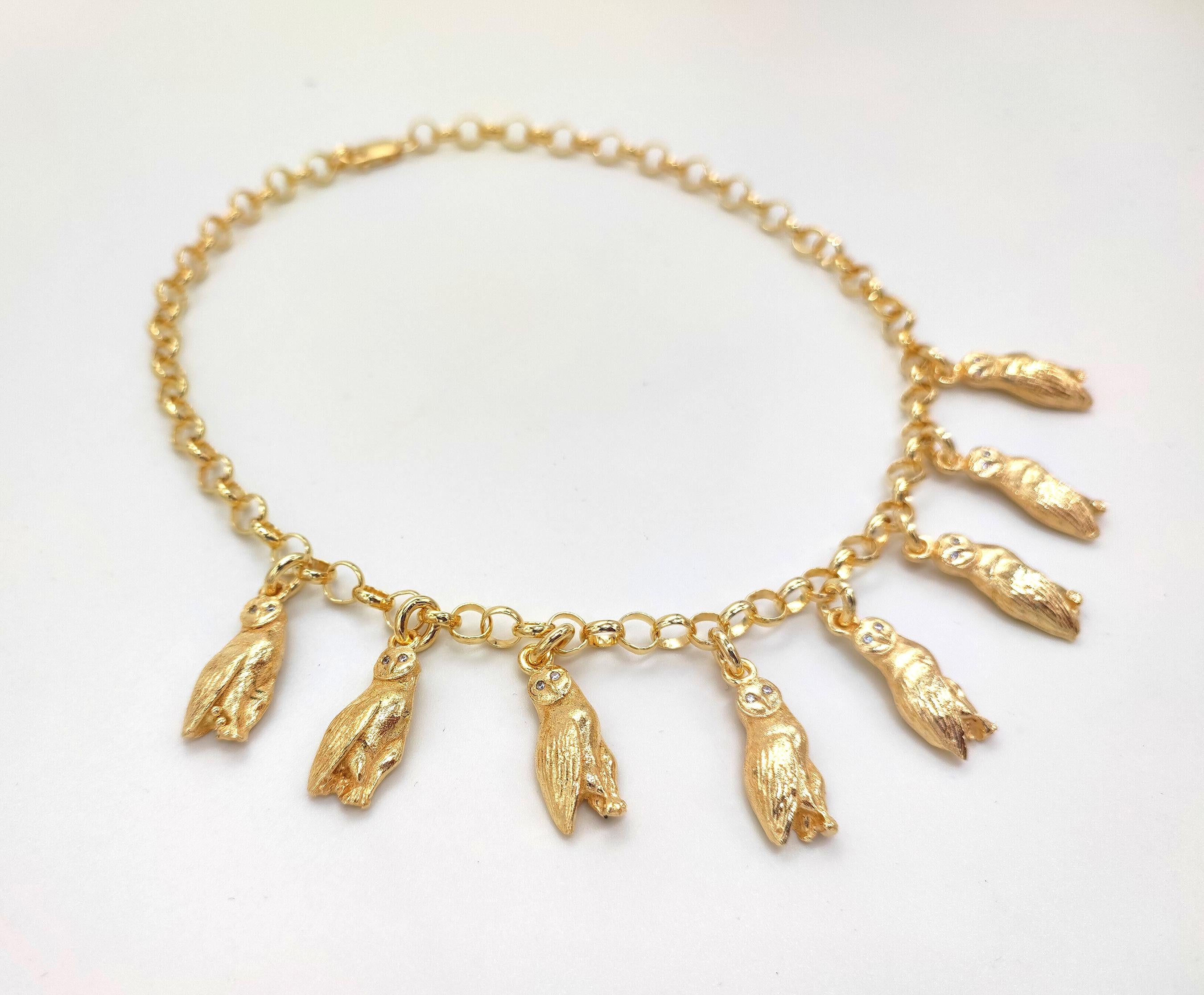 Collana con ciondoli a forma di barbagianni  placcatura oro 18kt e Diamanti in vendita 2