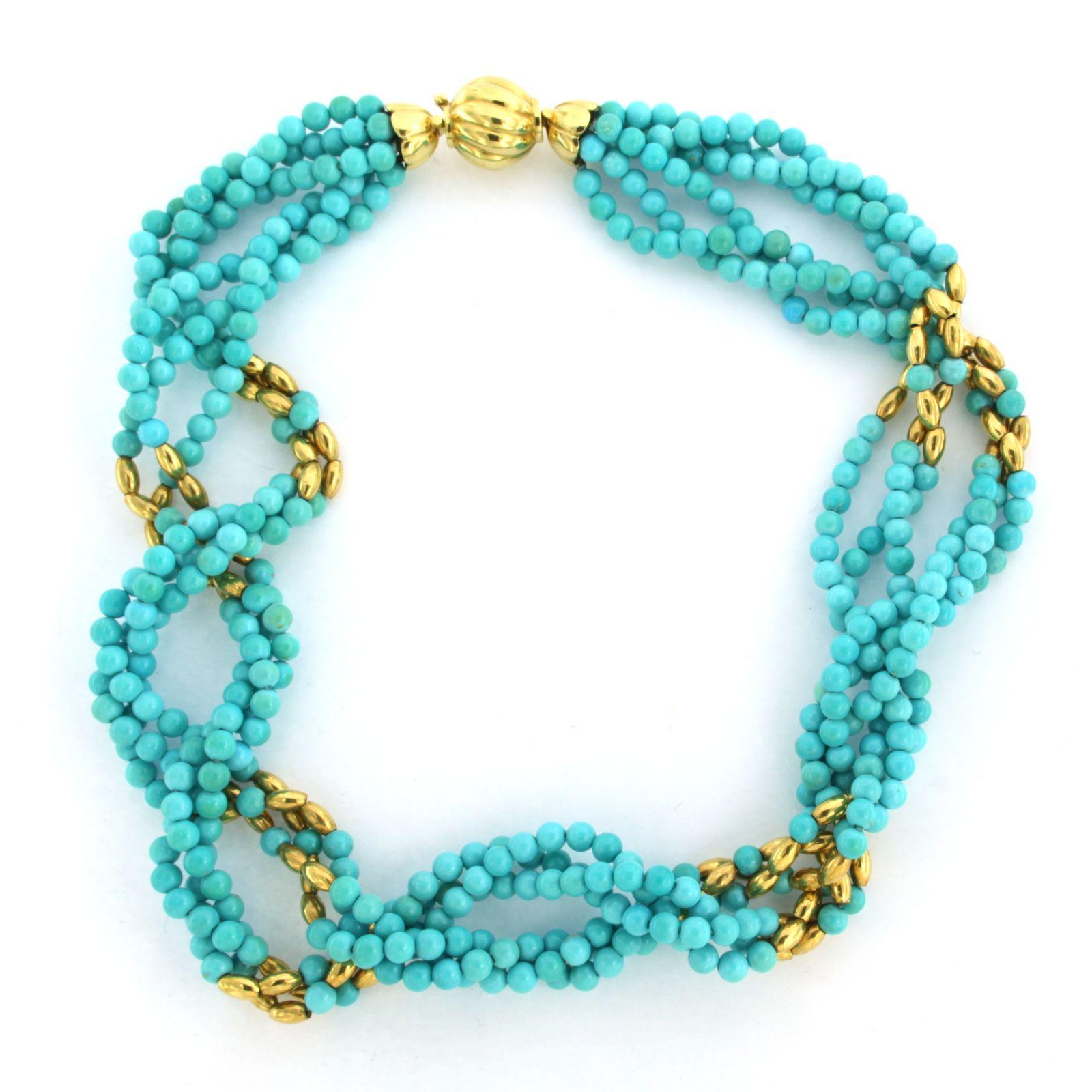 18k gold clasp with turquoise beads necklace with gold spacers - 40 cm

Detailed description

The necklace consists of 6 rows of turquoise beads, with each row of gold spacers

Three rows turned double. making the necklace approximately 1.5 cm in