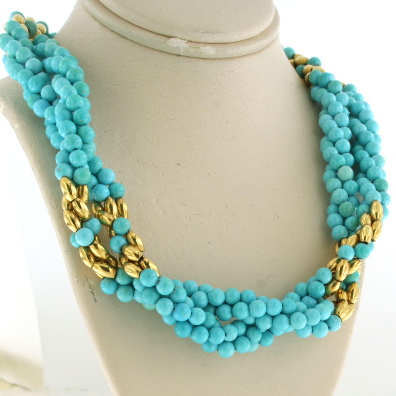 Bead Necklace with beaded turquoise - 92.6 grams - 18k yellow gold For Sale