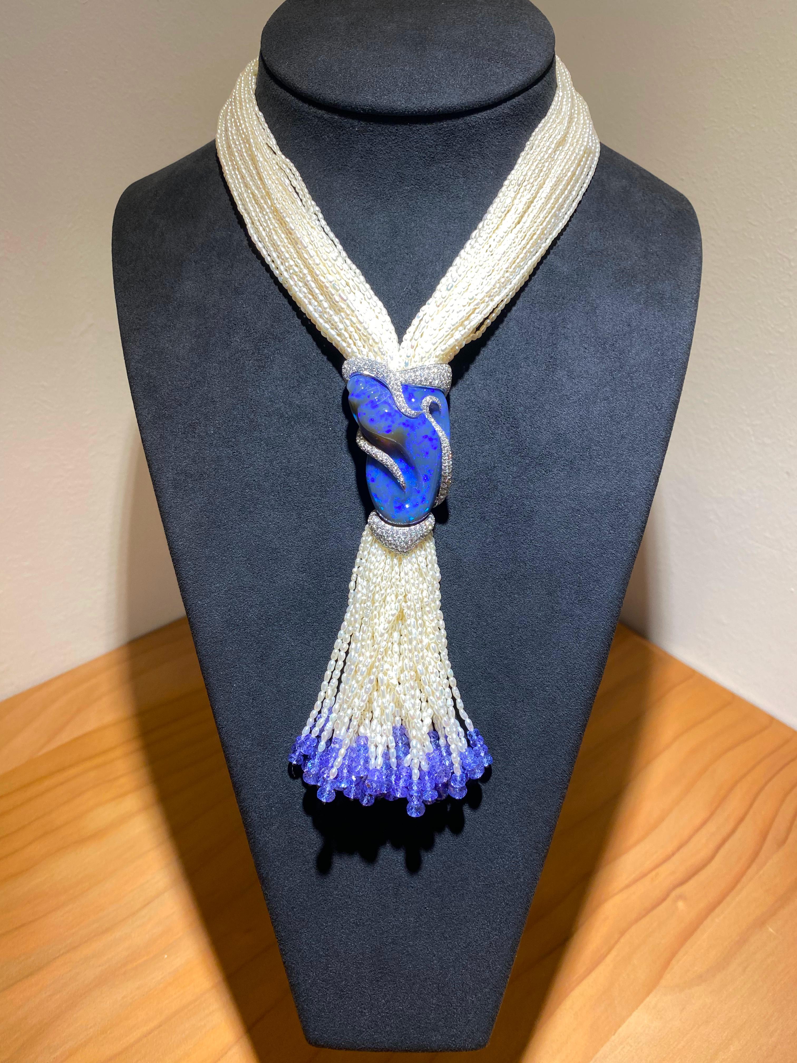 Contemporary SCAVIA Blue Opal Diamonds Pavè And Small Pearls Tanzanite Beads Necklace For Sale