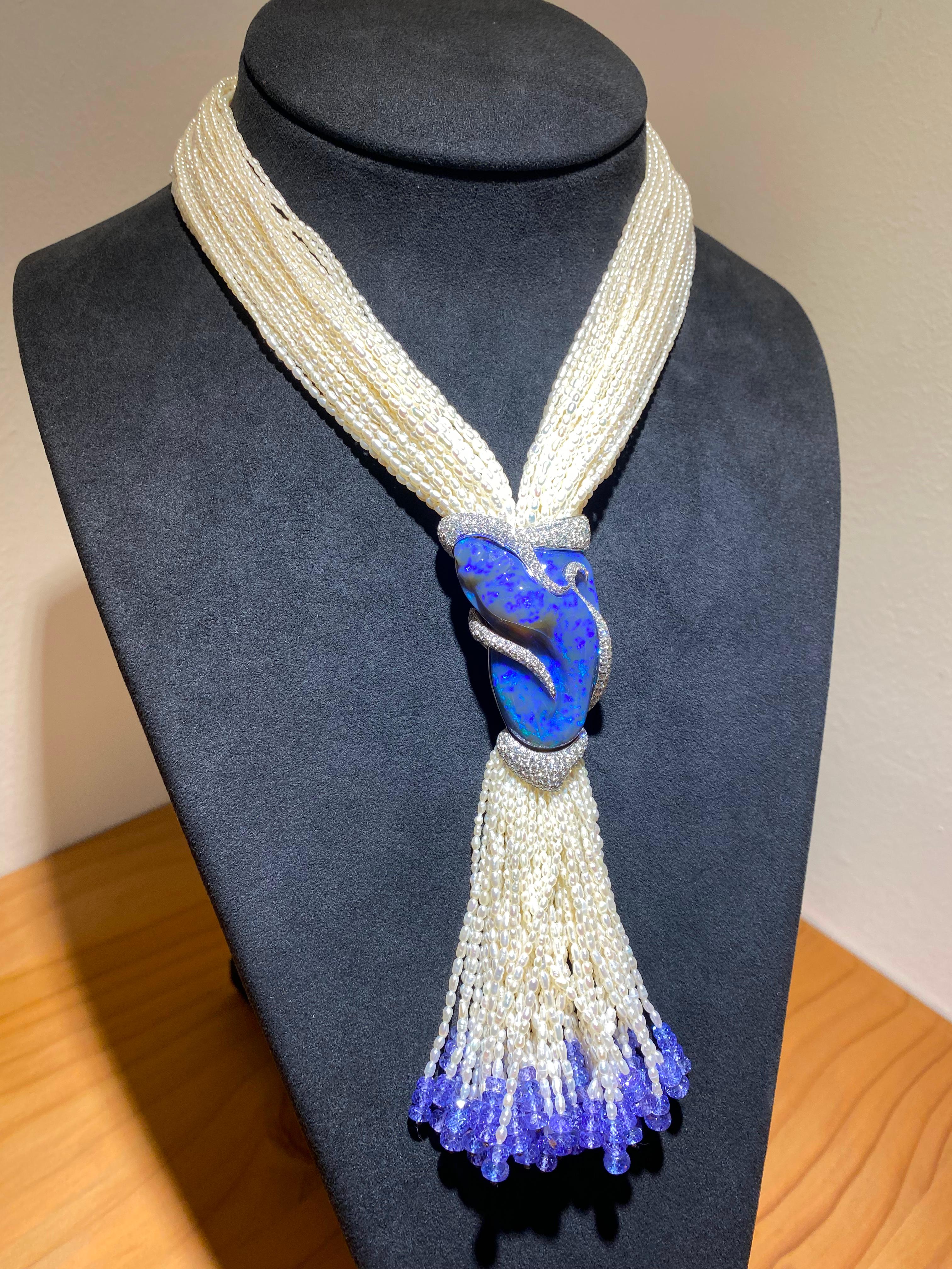 Mixed Cut SCAVIA Blue Opal Diamonds Pavè And Small Pearls Tanzanite Beads Necklace For Sale