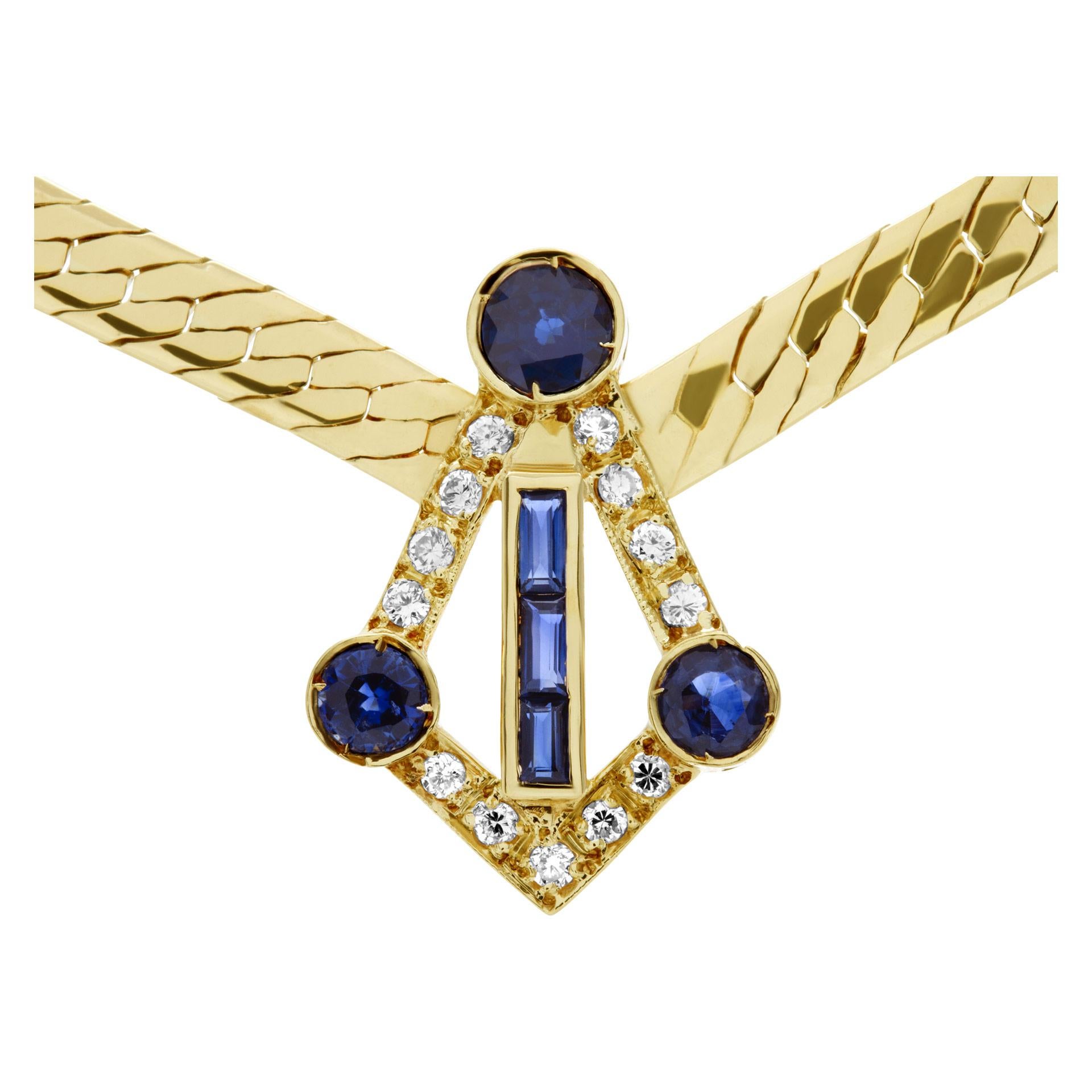 Women's or Men's Necklace with Blue Sapphires and Diamonds in 18k Yellow Gold