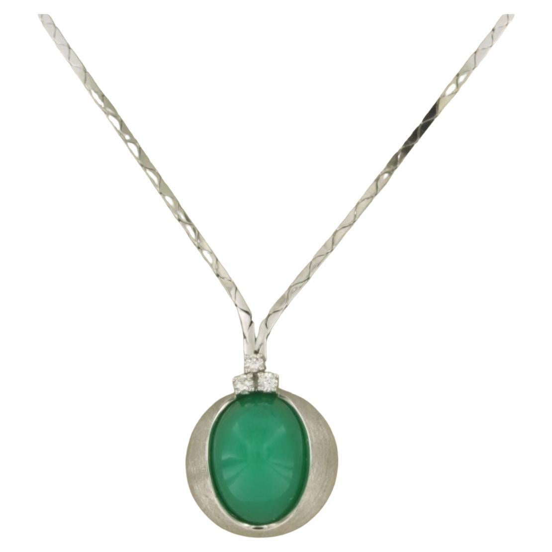 Necklace with chrysophrase and brilliant cut diamond - 16.2 gram, 14k white gold