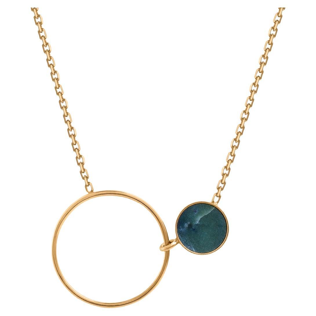 Necklace with circle and green stone nephrite gold plated sterling silver For Sale