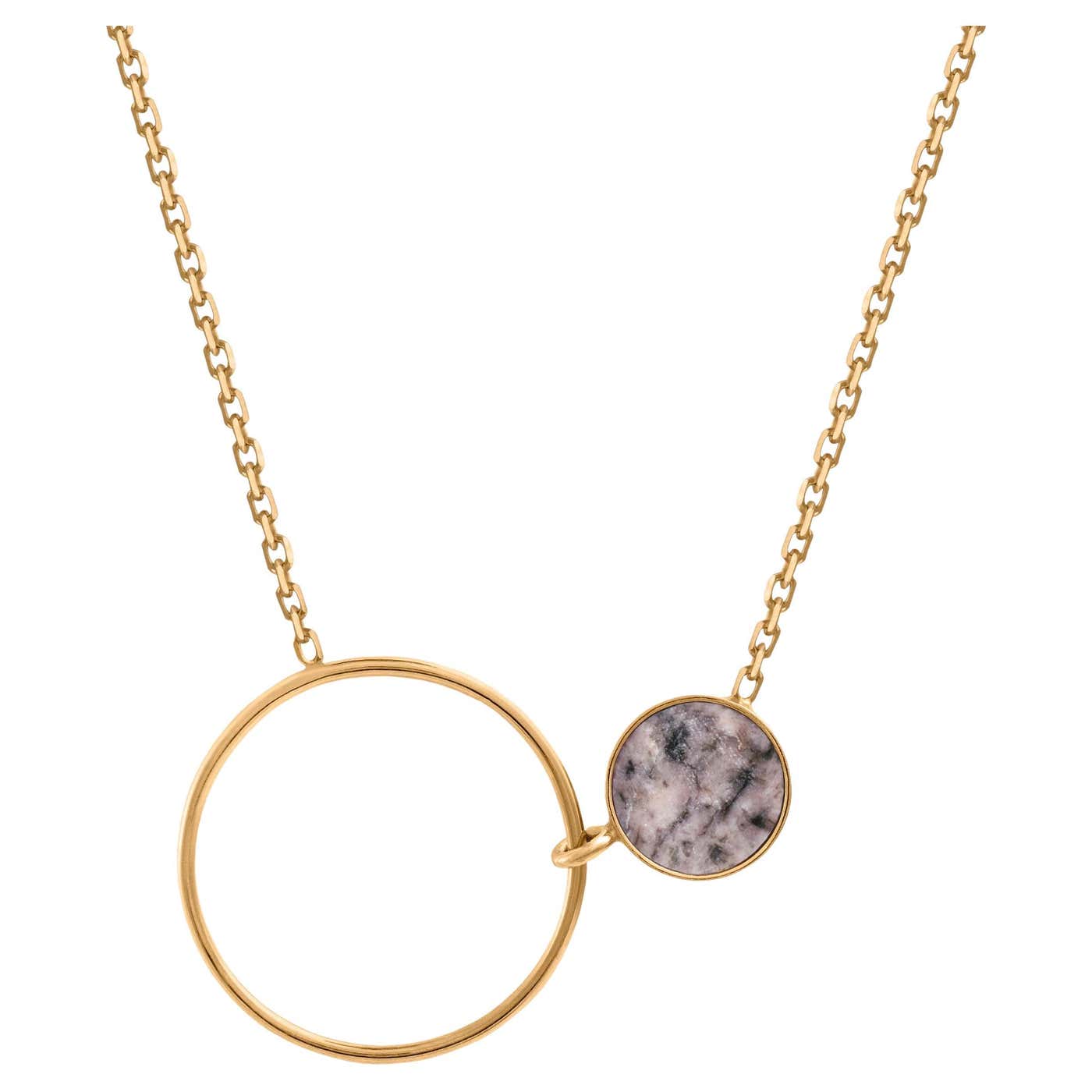 Necklace with circle and pink stone rodingite gold plated sterling ...