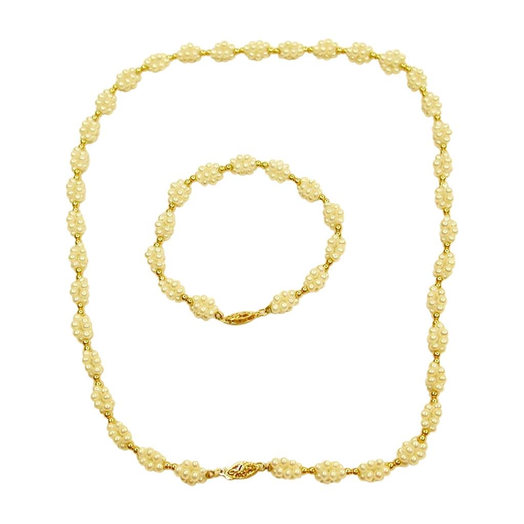 Necklace with Clusters of Bouton Shaped Cultered Pearls, with Matching Bracelet