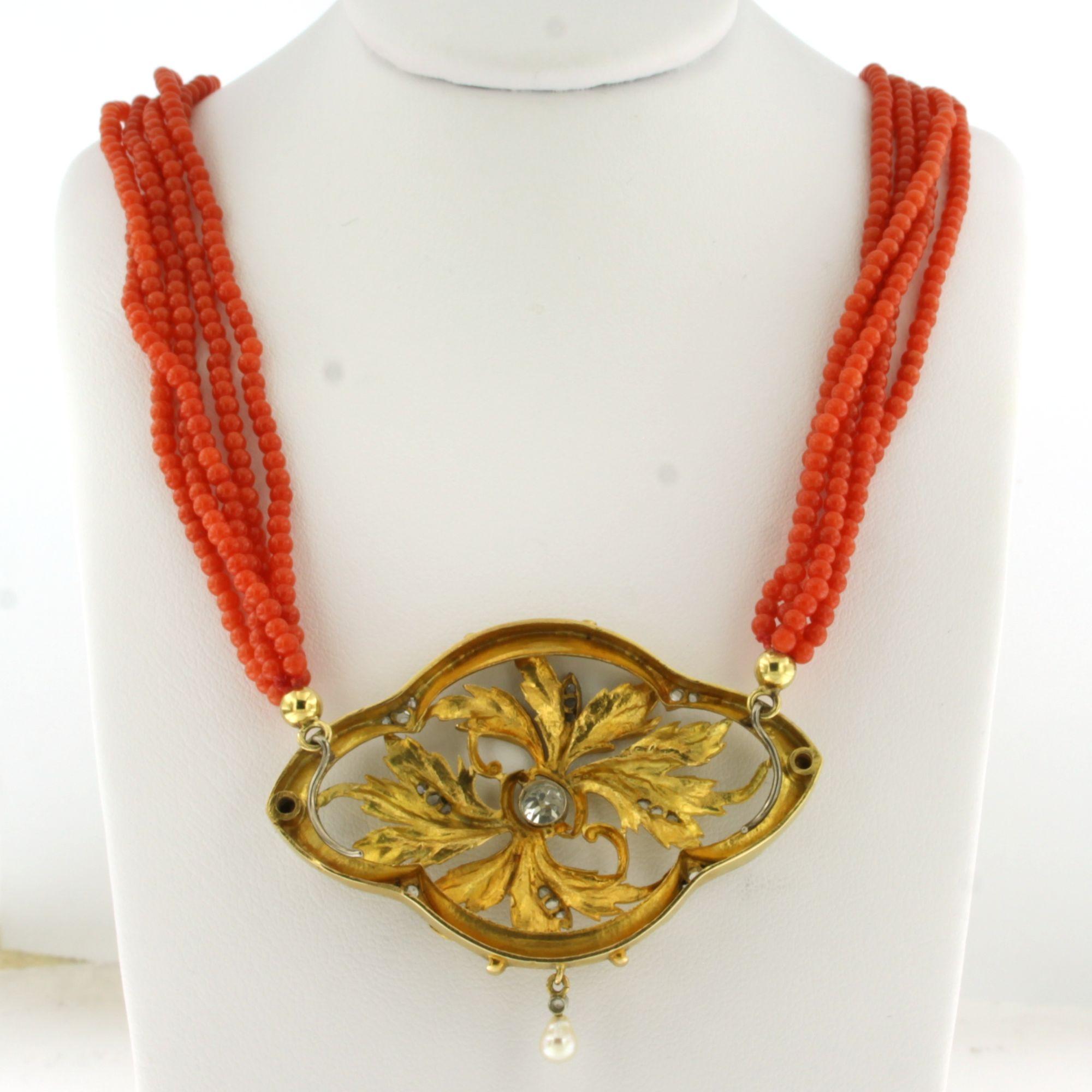 Art Nouveau Collana con perle di corallo e diamanti fino a 0,55ct in oro 18k 17,1 grammi in vendita