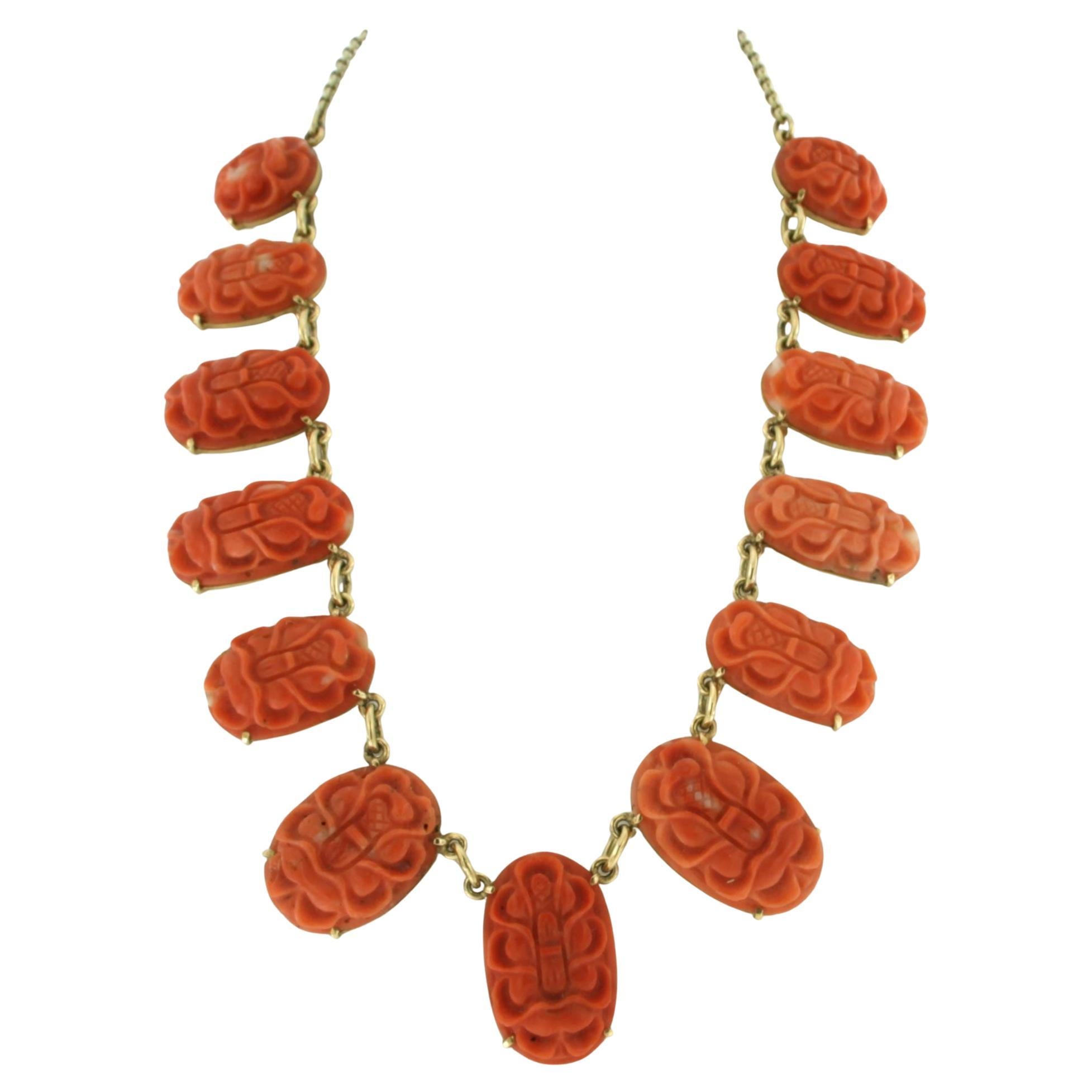 Collier avec fleur de corail sculptée - or 14k - 39 cm