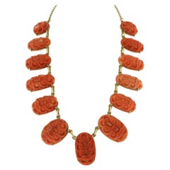 Collier avec fleur de corail sculptée - or 14k - 39 cm