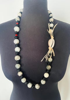 Necklace with Dendritic Agate, Hand-Blown Glass, Cowrie Shell and Coral Glass