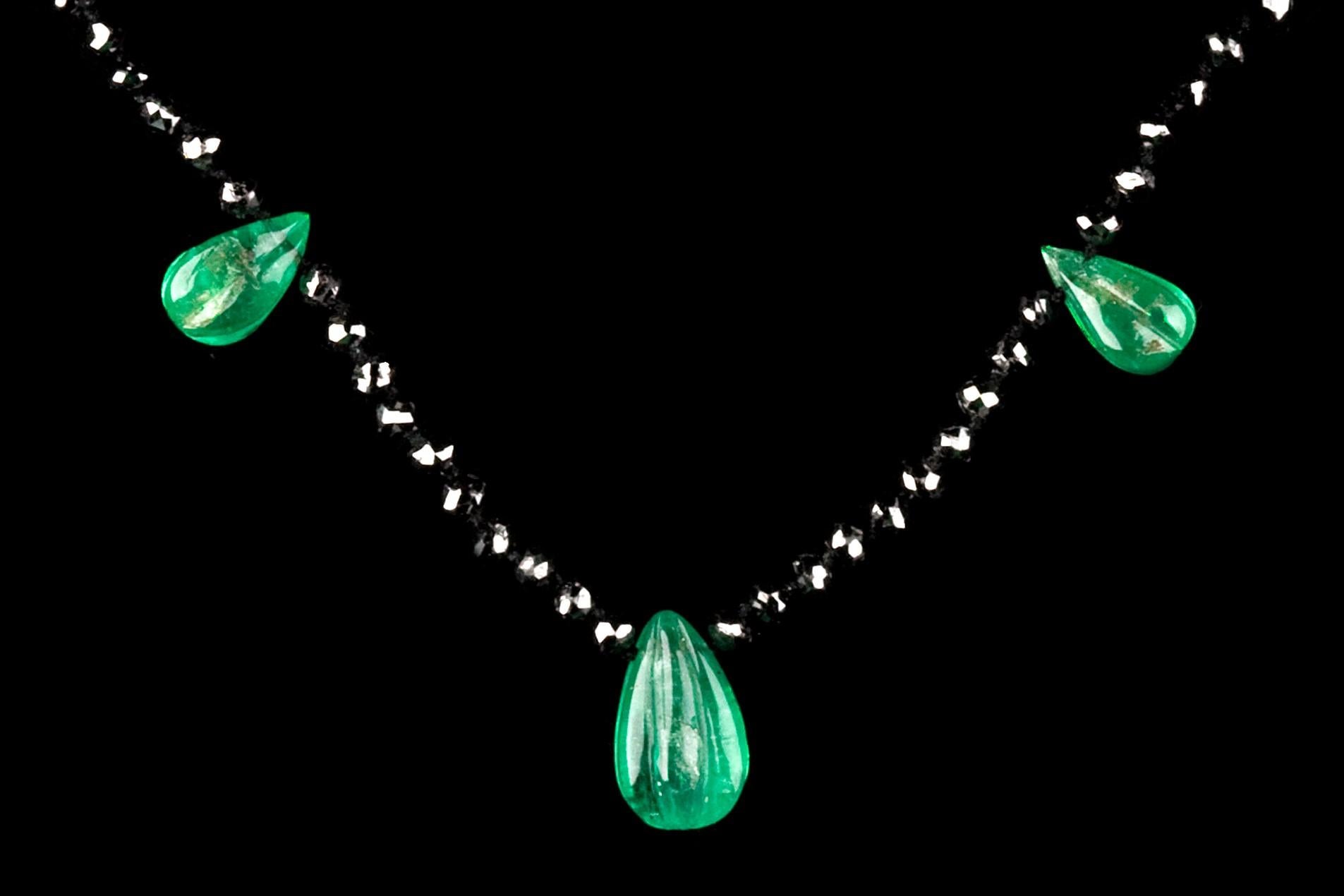 Briolette Cut Necklace with Diamond and Gadrooned Pear Shape Emeralds For Sale