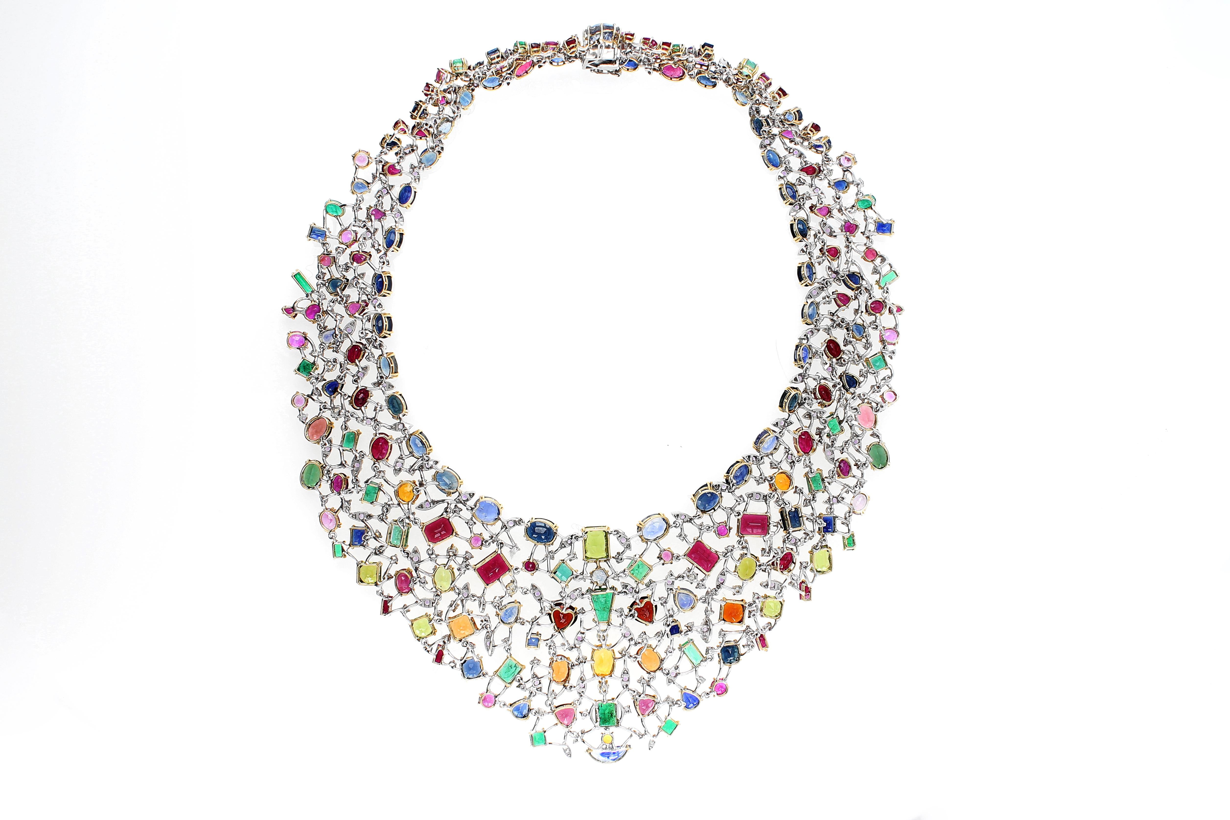 Necklace with Diamonds and Multicolor Natural Stones 18 kt Yellow Gold 8