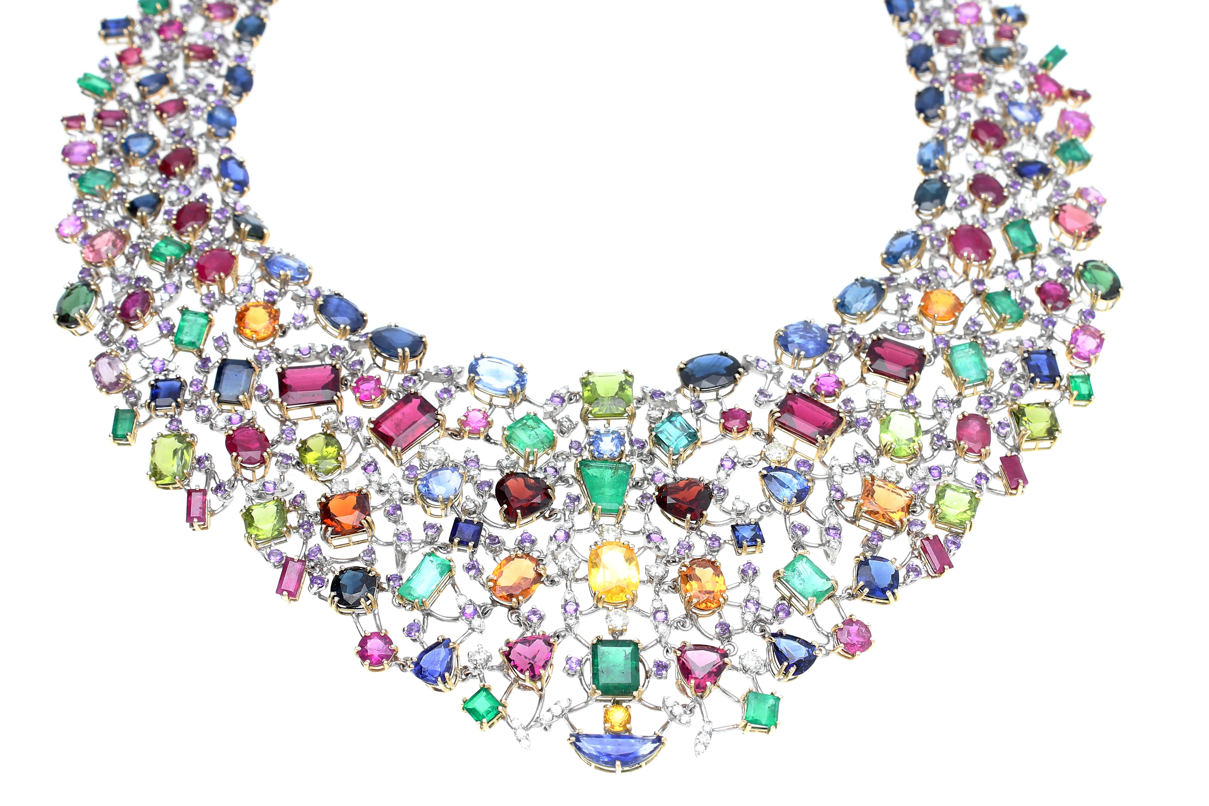 Brilliant Cut Necklace with Diamonds and Multicolor Natural Stones 18 kt Yellow Gold