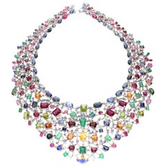 Necklace with Diamonds and Multicolor Natural Stones 18 kt Yellow Gold