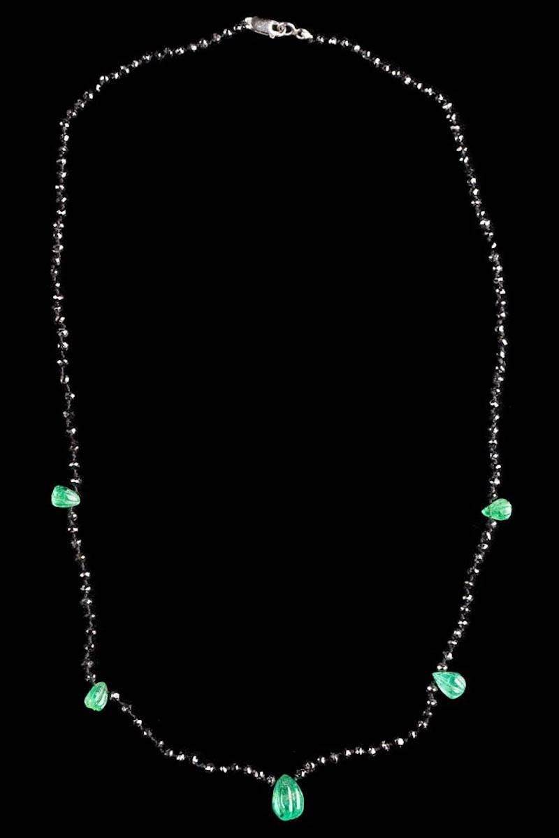 Briolette Cut Necklace with Gadrooned Pear Shape Emeralds For Sale