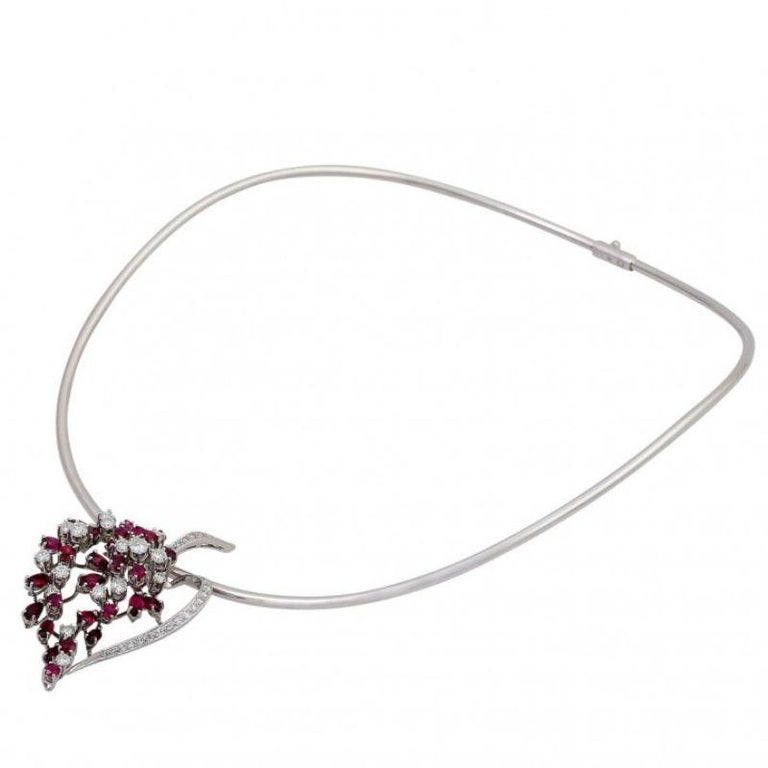 Modern Necklace with Jewel Pendant 'Leaf' Esp. with Rubies and Diamonds For Sale