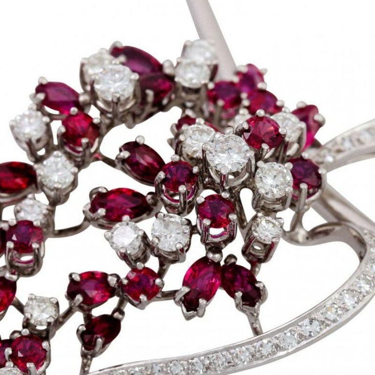 Mixed Cut Necklace with Jewel Pendant 'Leaf' Esp. with Rubies and Diamonds For Sale