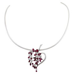 Necklace with Jewel Pendant 'Leaf' Esp. with Rubies and Diamonds