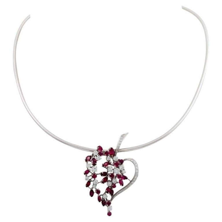 Necklace with Jewel Pendant 'Leaf' Esp. with Rubies and Diamonds For Sale