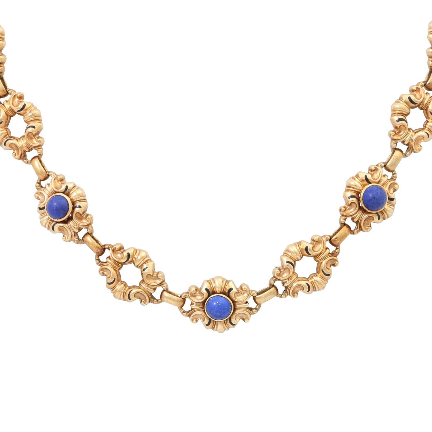 14K yellow gold, partly black enamelled, 32 g, L: approx. 47 cm, 1st half of the 20th century, good age-related condition. Links worked in great detail.

 Necklace with lapis lazuli cabochons, 14K yellow gold, partly with black enamel, 32 g, L.