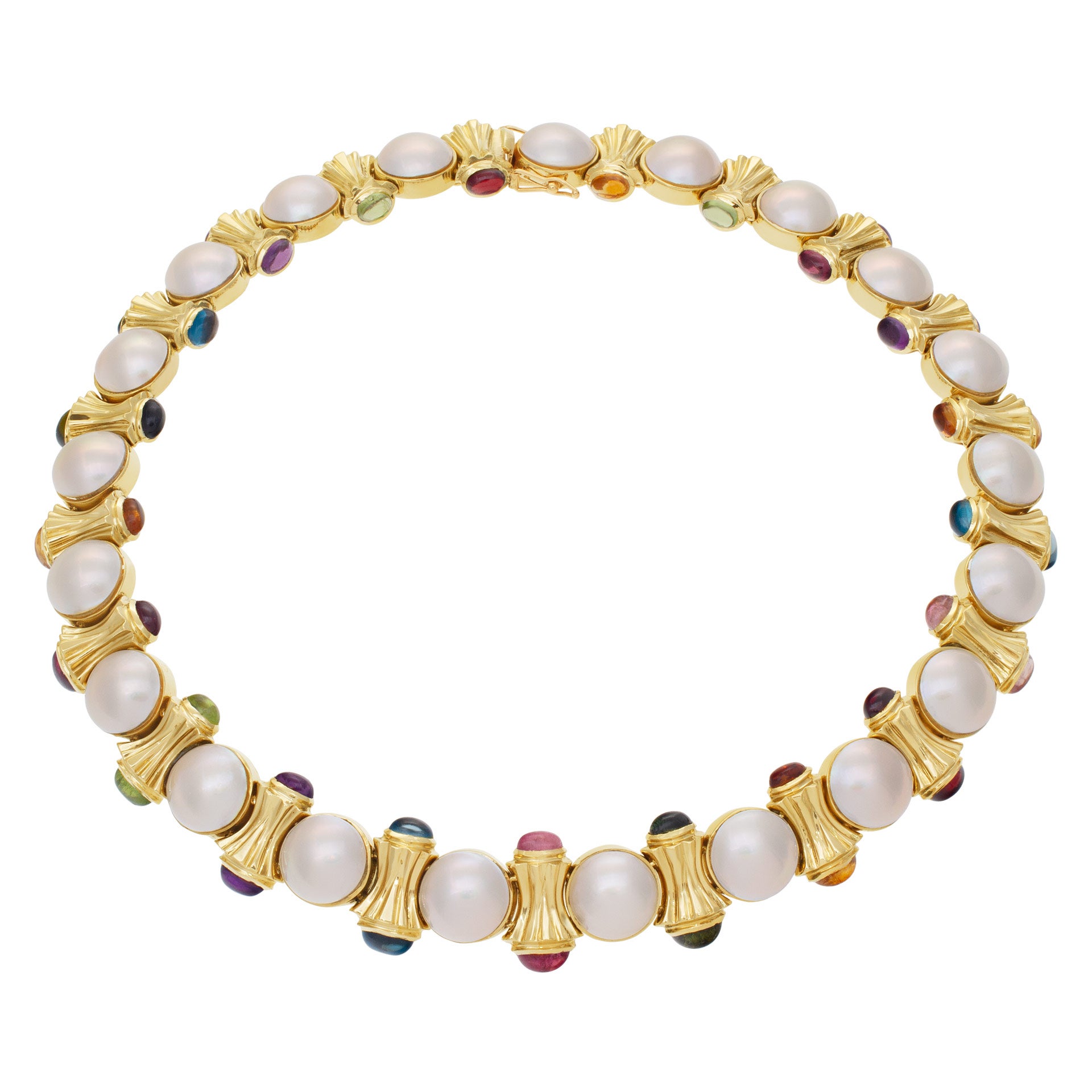 Necklace with Mabe Pearls and Cabochon Stone in 14k Yellow Gold