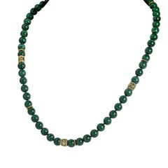 Necklace with Malachite Beads, 18k Yellow Gold, White Diamonds, and Peridot