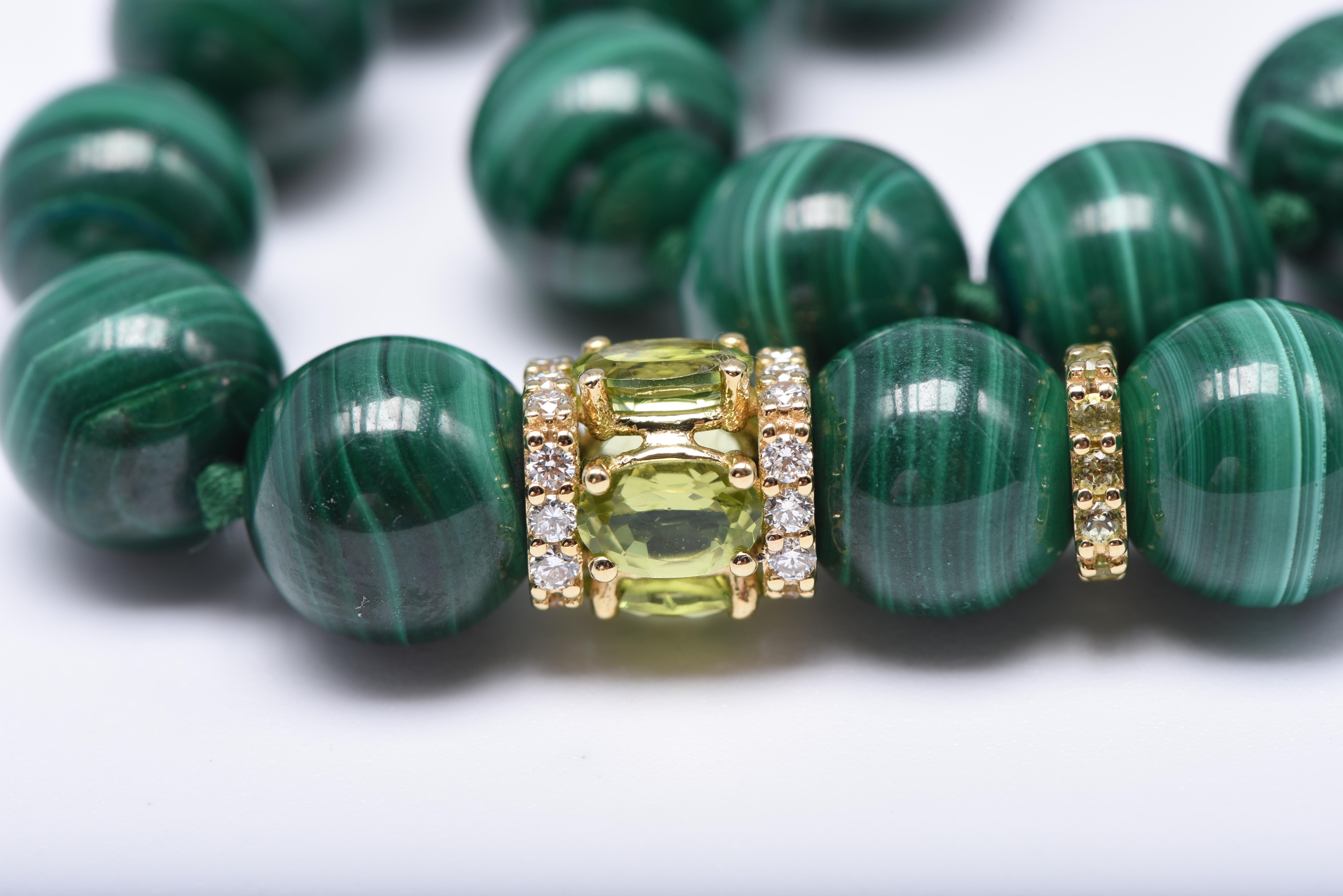 Round Cut Necklace with Malachite Beads, 18k Yellow Gold, White Diamonds, and Peridot For Sale
