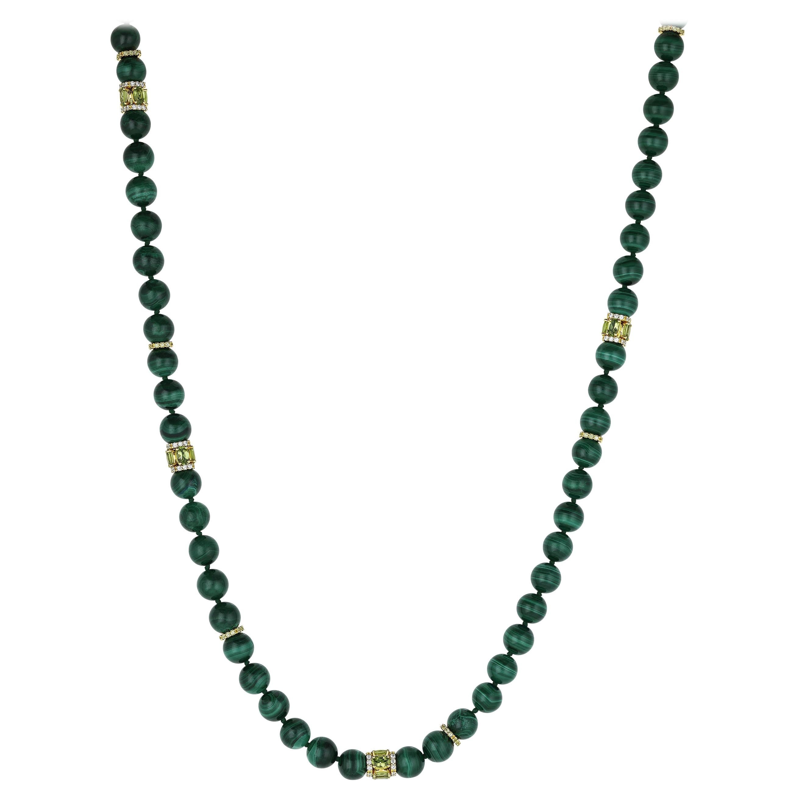 Necklace with Malachite Beads, 18k Yellow Gold, White Diamonds, and Peridot For Sale