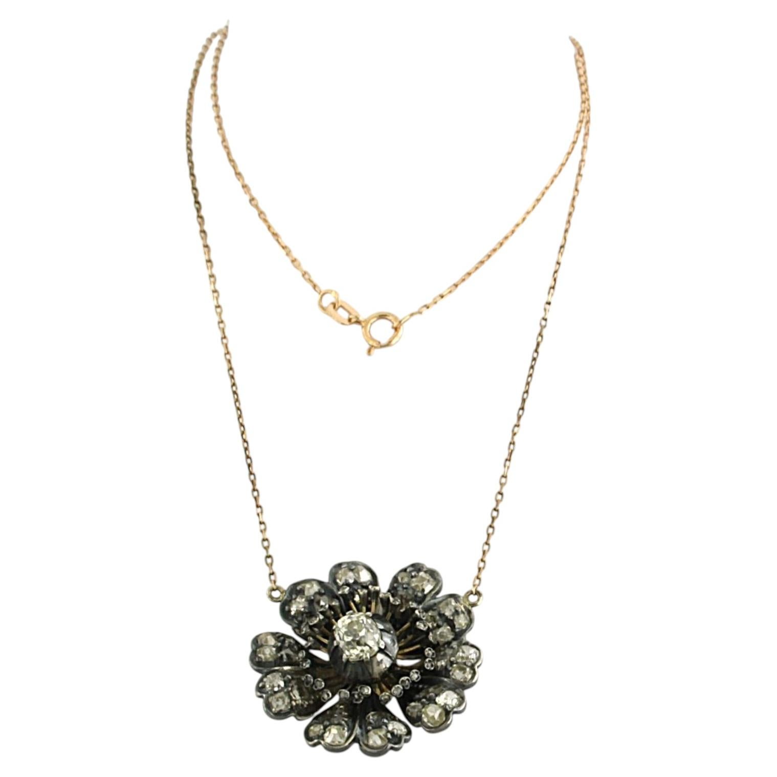 necklace with old mine and rose cut diamonds up to 3.00ct 14k gold and silver