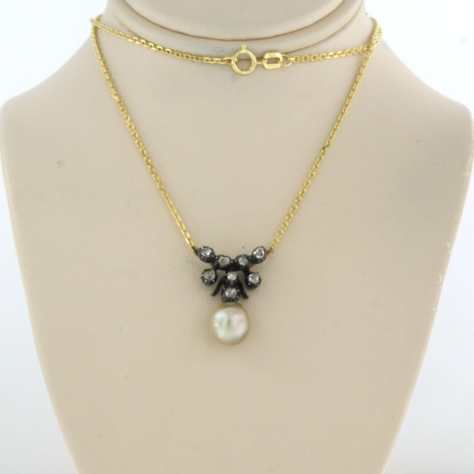 Early Victorian Necklace with pearl and rose cut diamonds up to 0.15ct 14k gold and silver For Sale